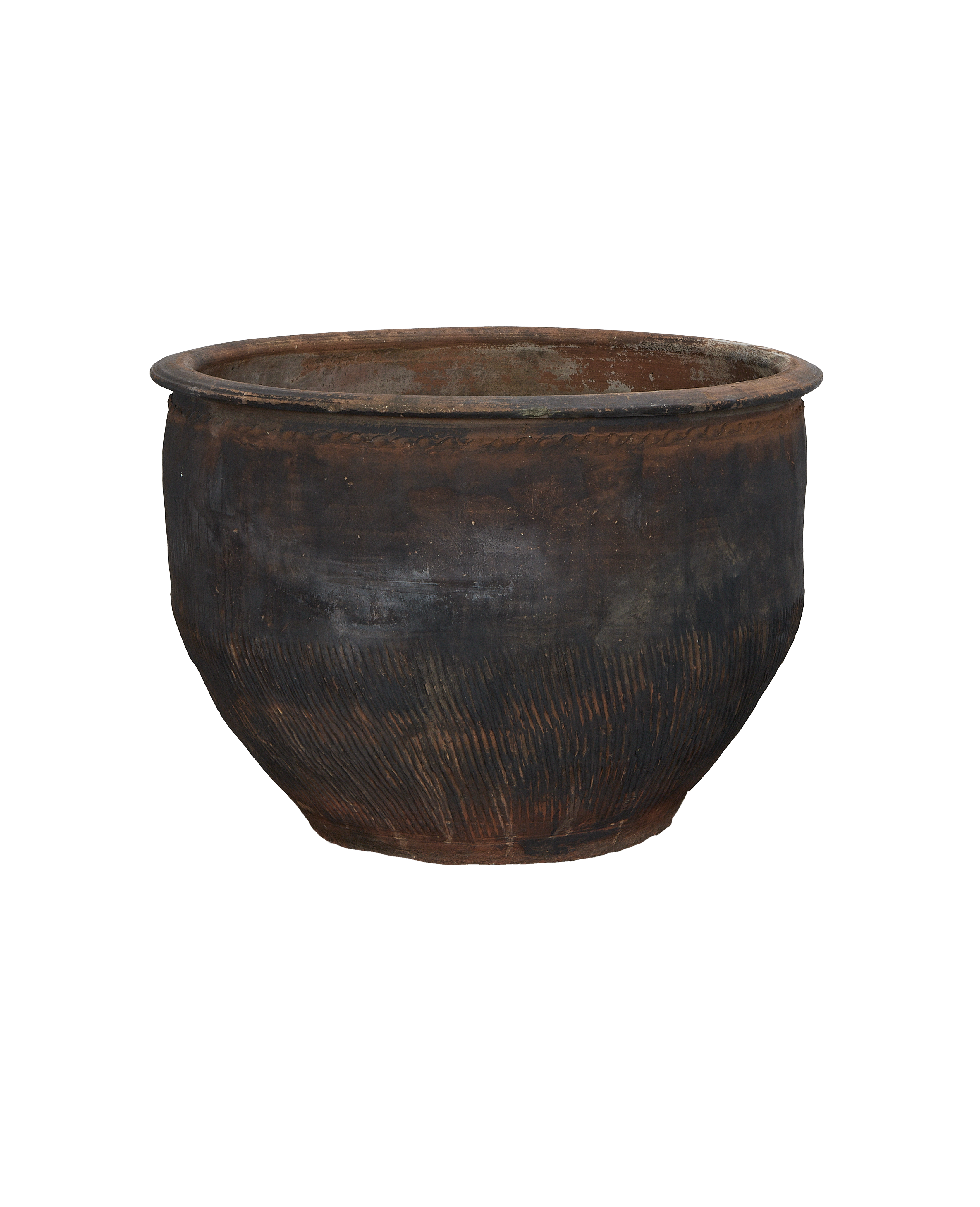 Vintage Chinese clay water planter with weathered dark finish and textured lower body.