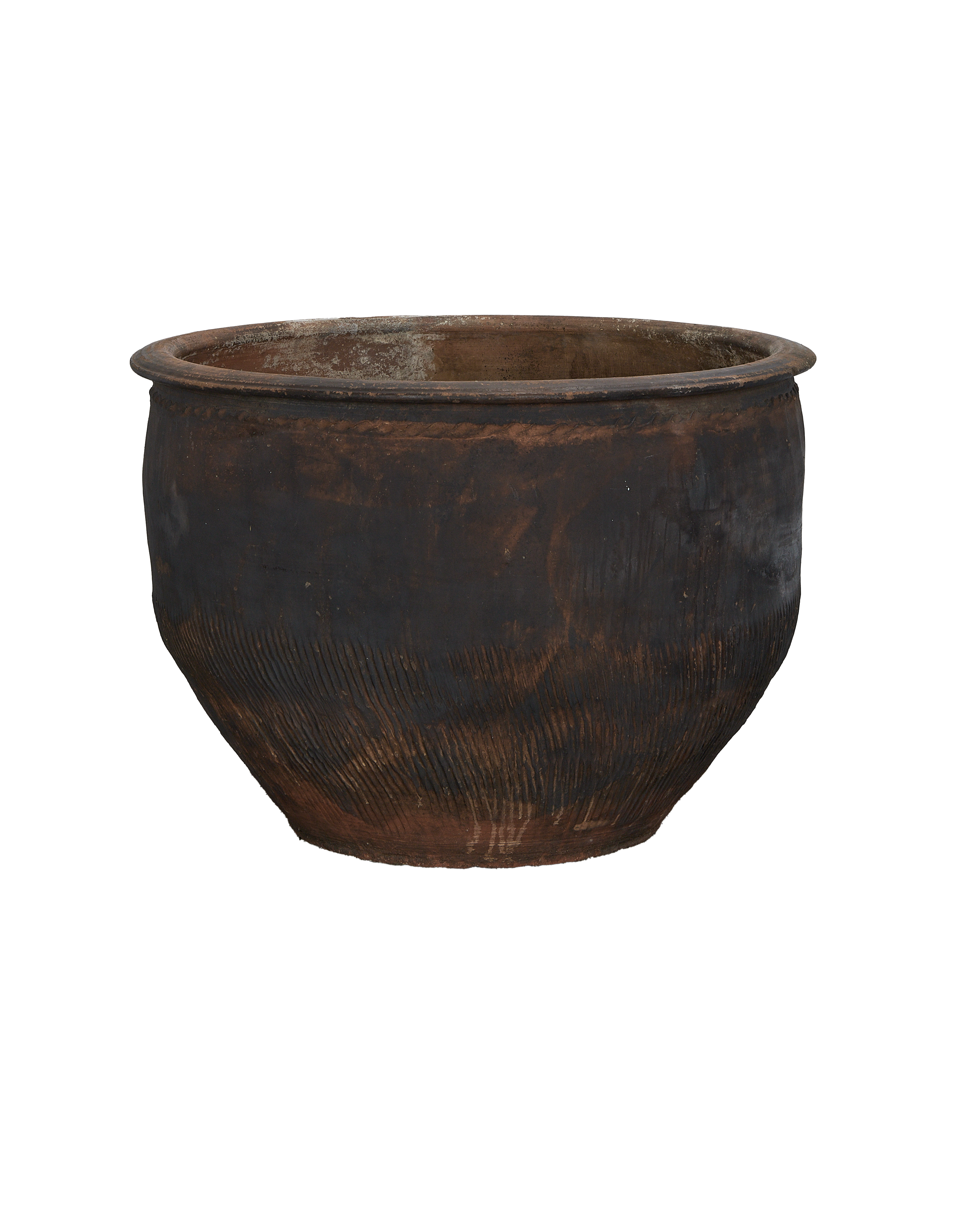 Vintage Chinese earthenware water planter, showing weathered black patinated surface and textured lower body.