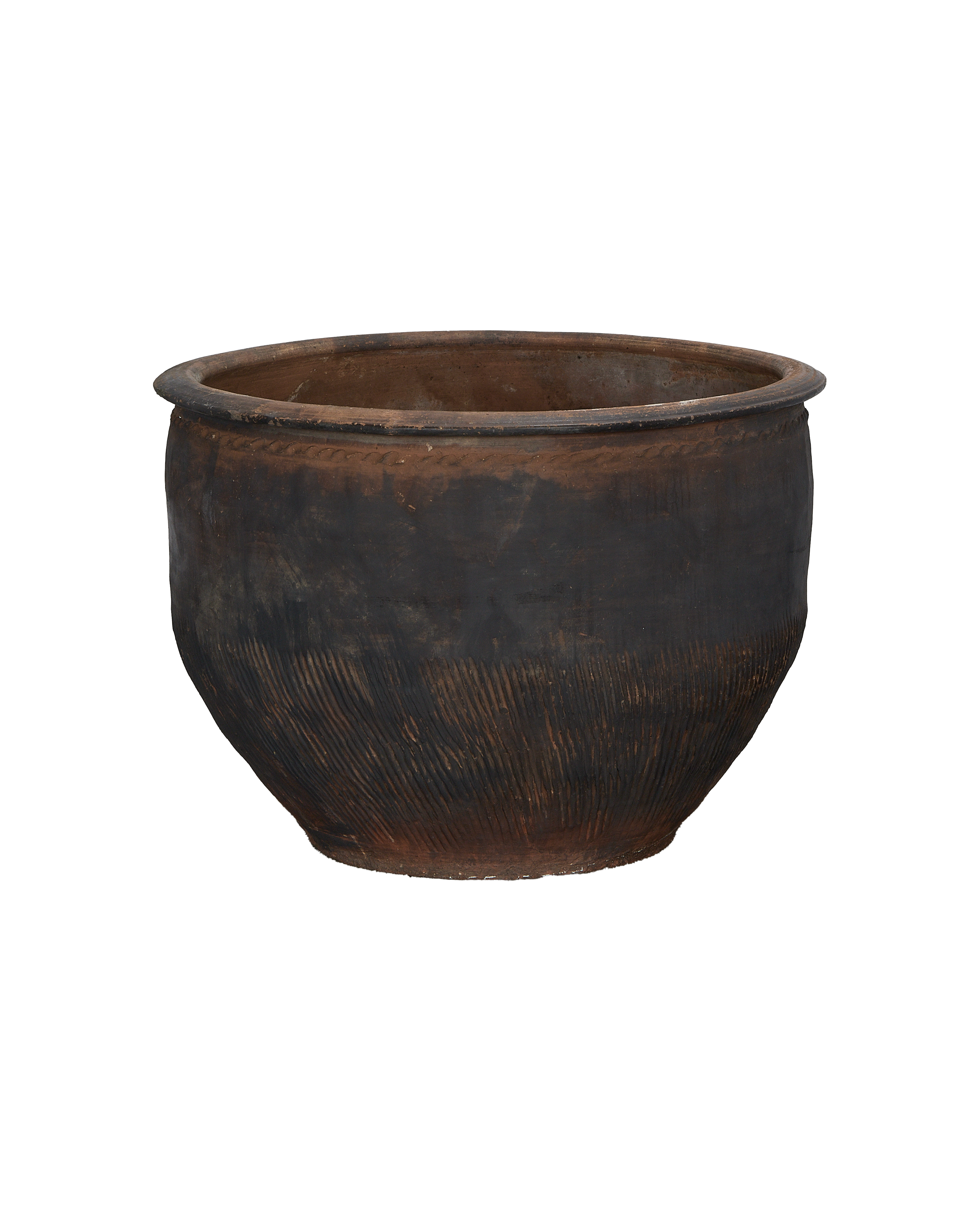 Vintage Chinese oak water planter with textured dark wood finish and natural wear.