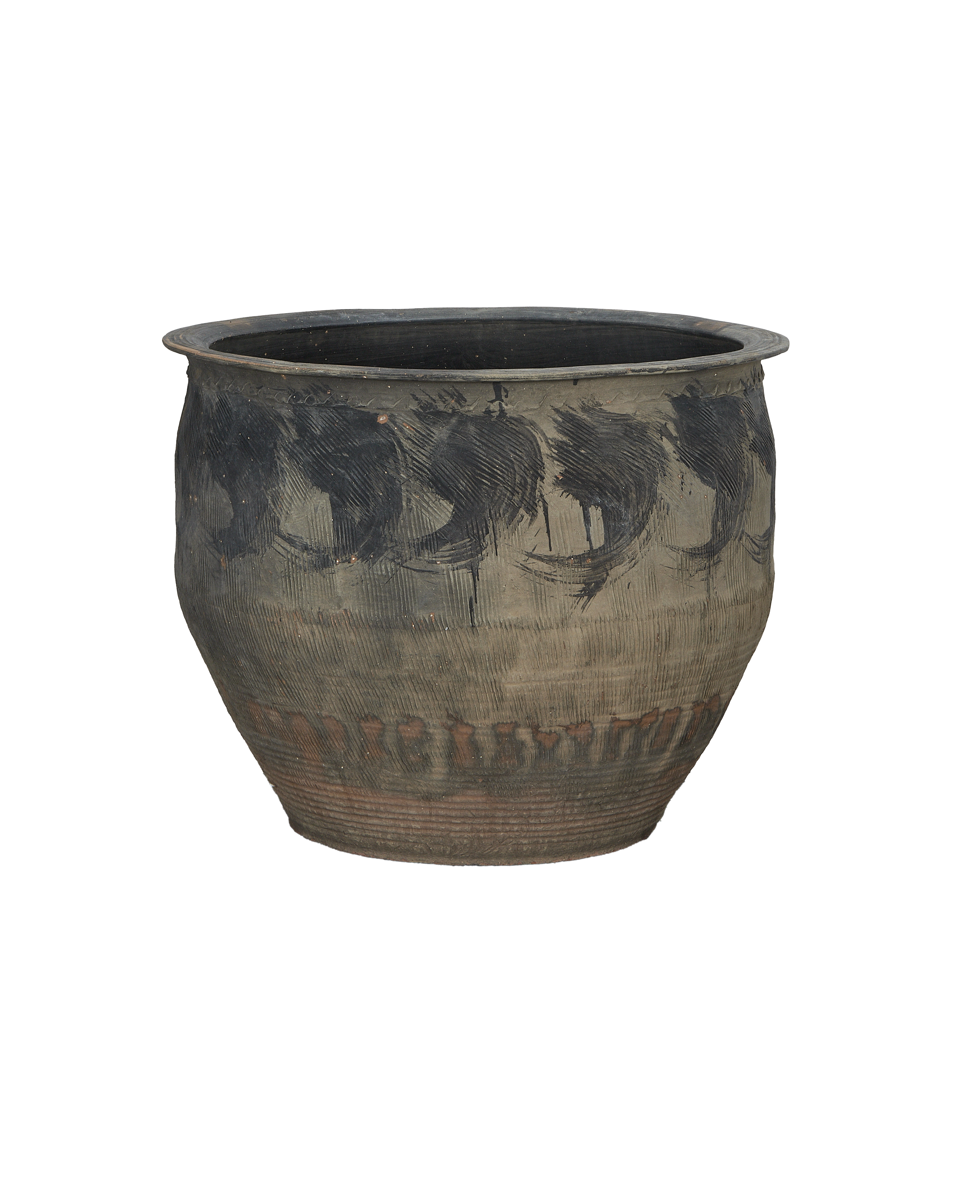 Vintage Chinese earthen water planter with distressed black brushwork and textured surface patterns.