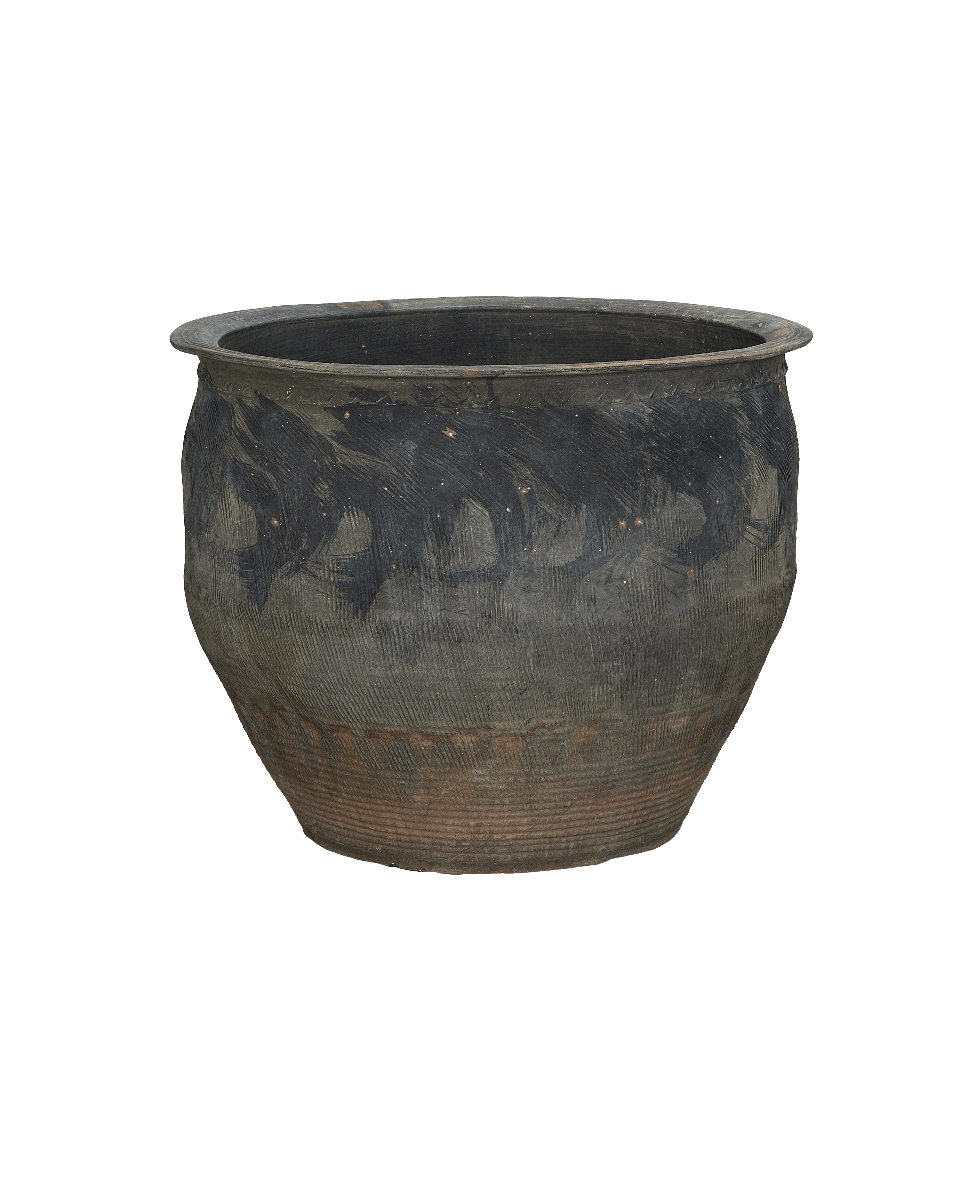 Vintage Chinese oak water planter, showing ribbed texture and painted black upper half.