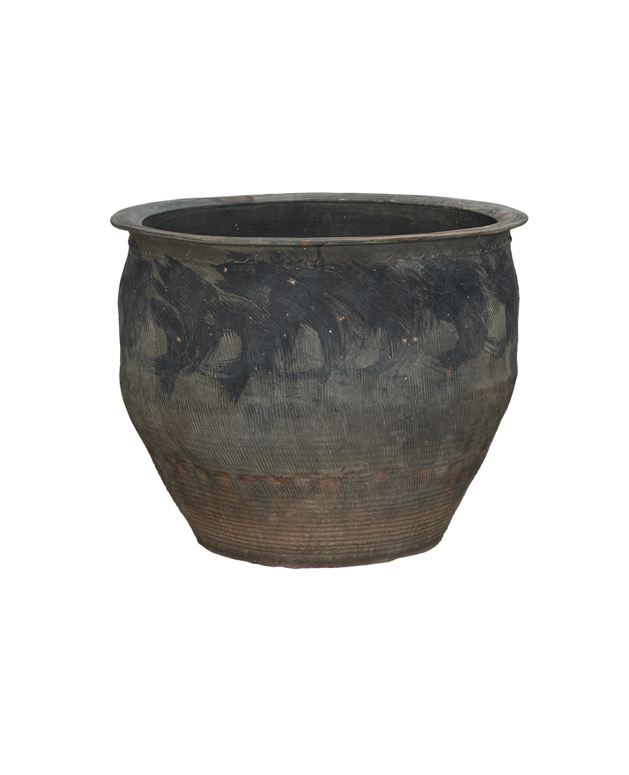 Vintage Chinese oak water planter, showing ribbed texture and painted black upper half.