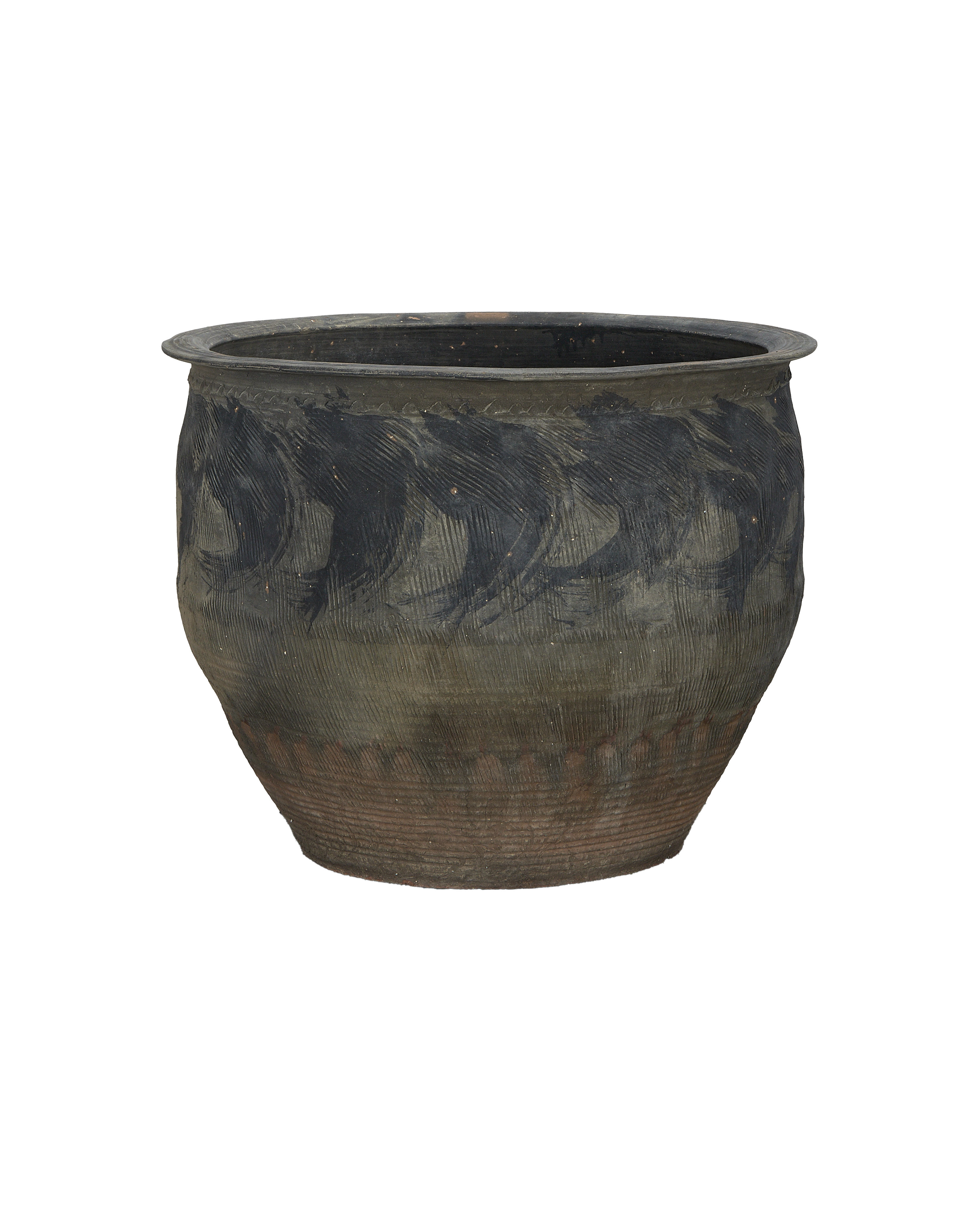 Vintage Chinese water planter. Textured dark clay with earthy red base and distressed finish.