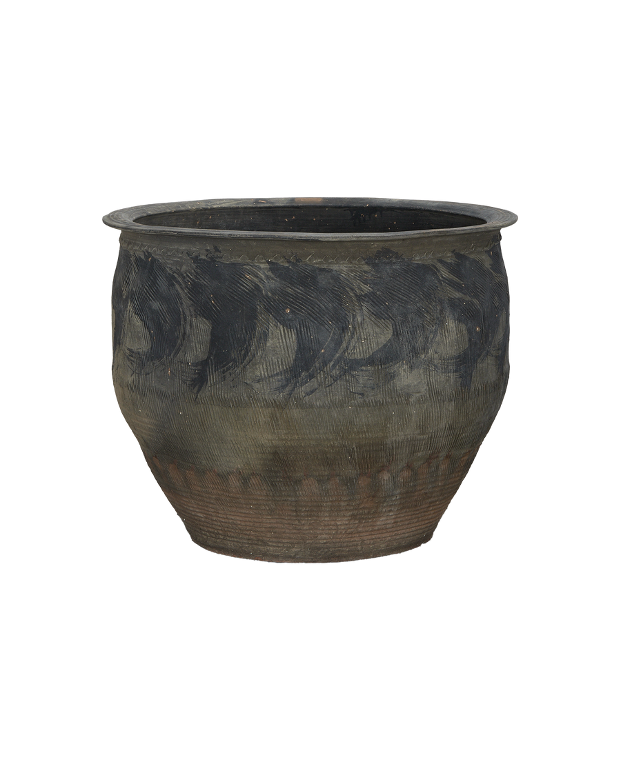 Vintage Chinese water planter. Textured dark clay with earthy red base and distressed finish.