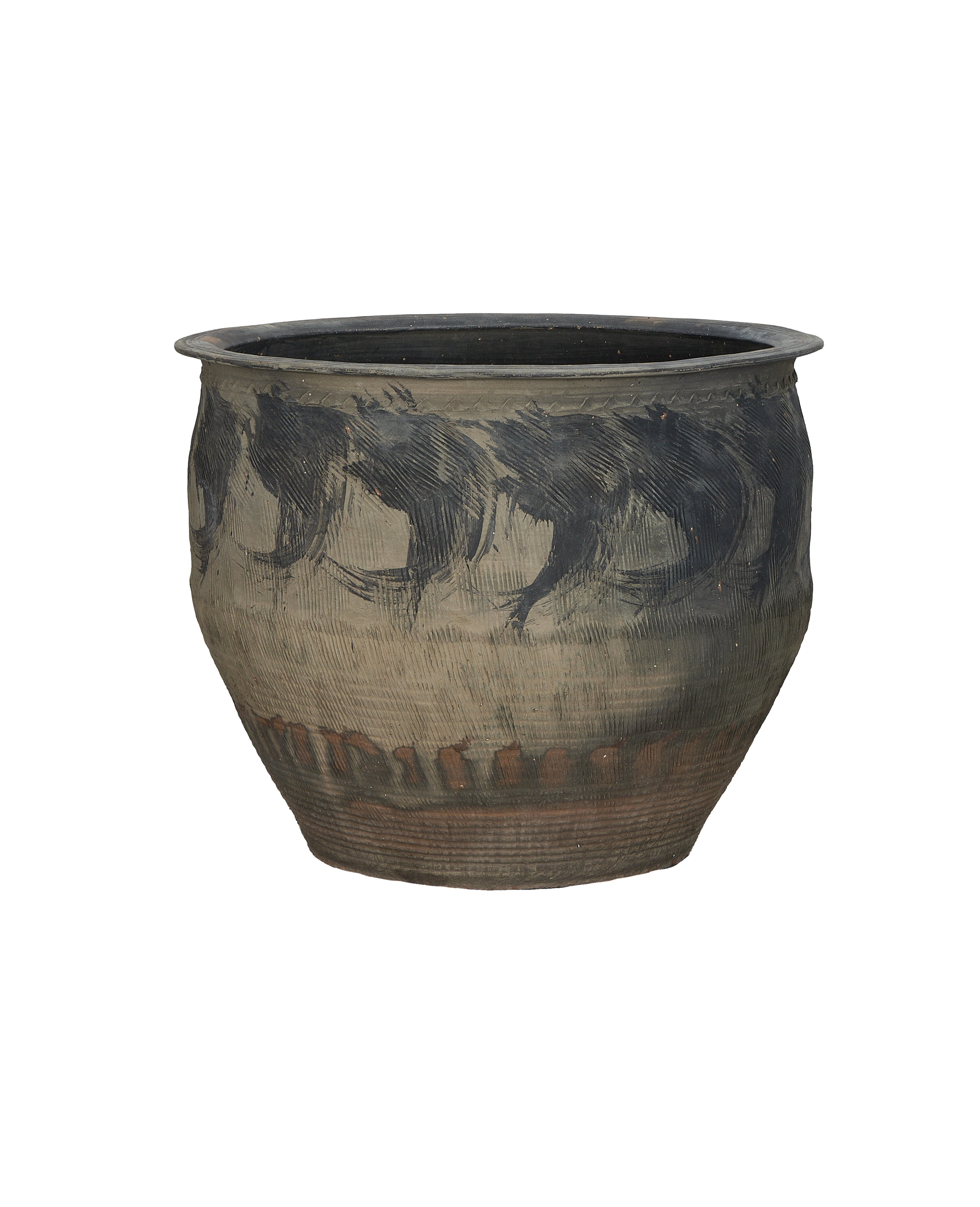 Vintage Chinese water planter. Rustic terracotta with textured black brush stroke design and ribbed base.
