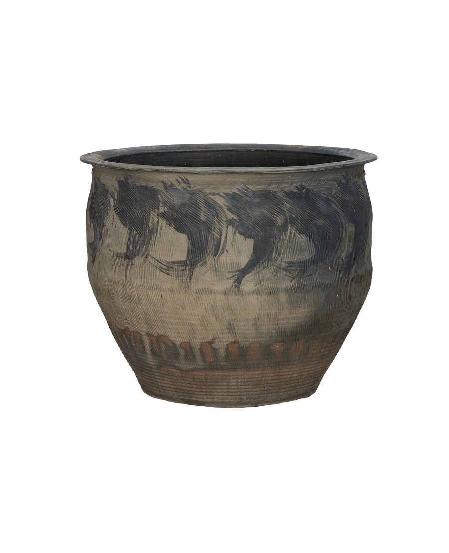 Vintage Chinese water planter. Rustic terracotta with textured black brush stroke design and ribbed base.