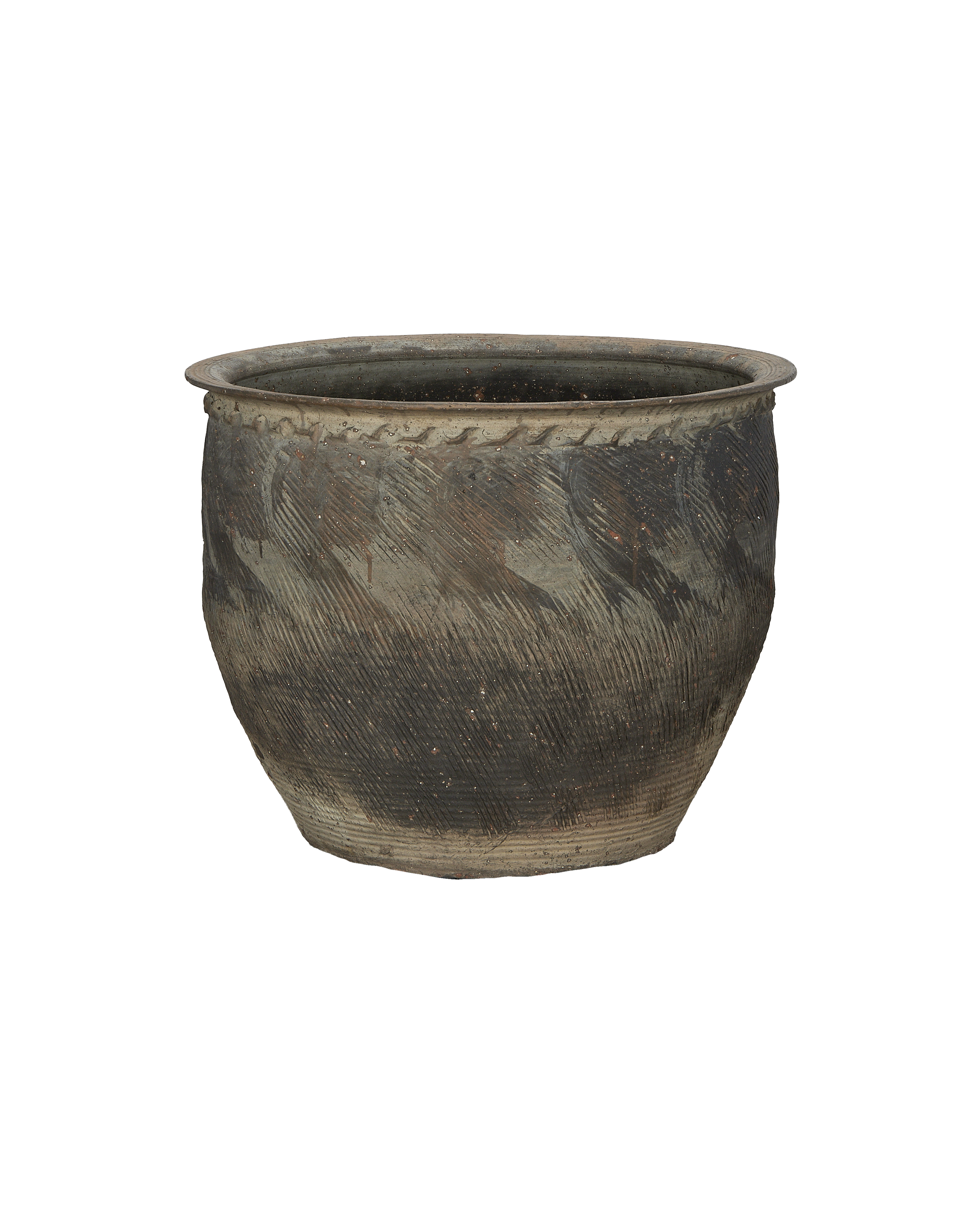 Vintage Chinese OAK water planter, weathered dark grey finish, carved textured bands.