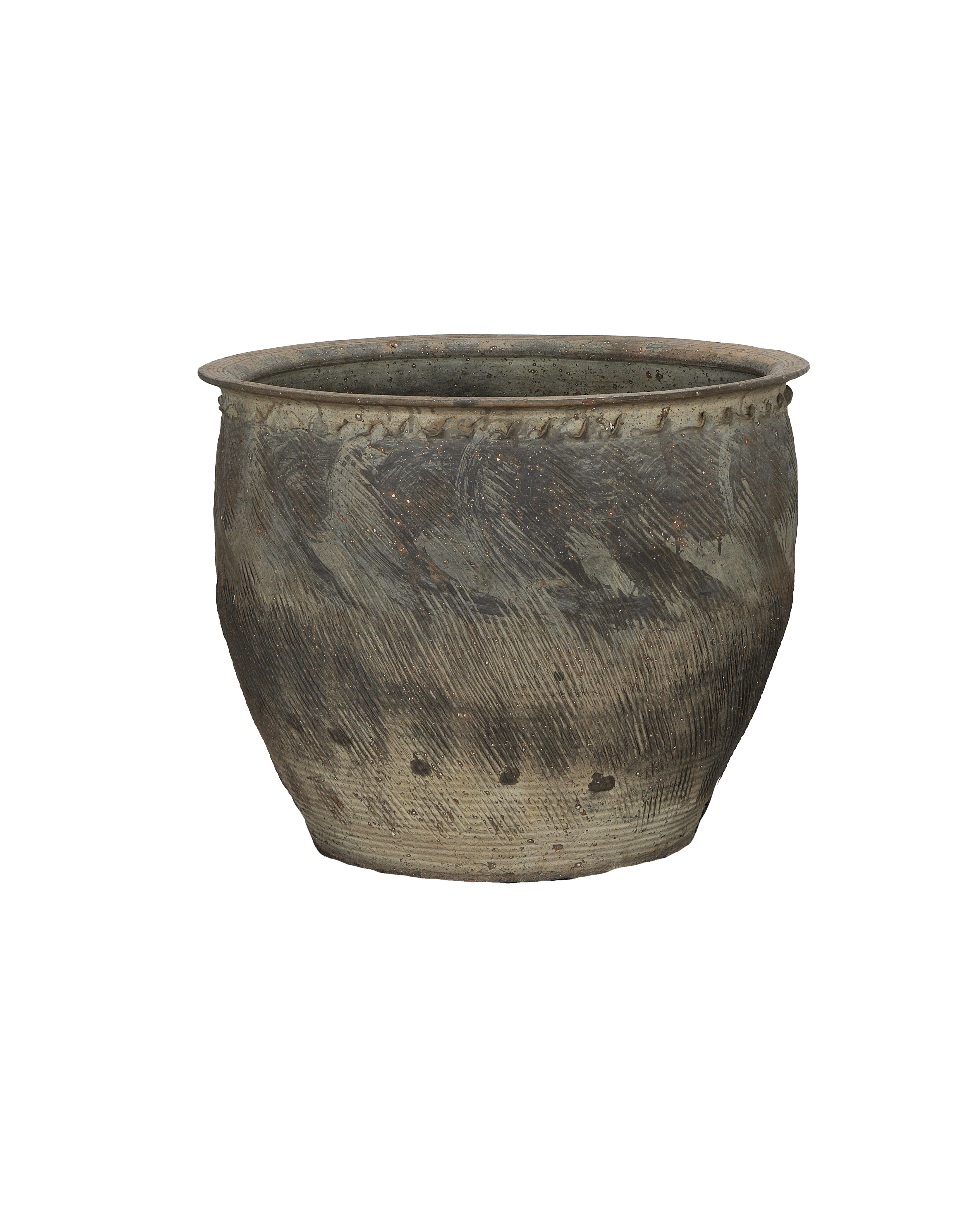 Vintage Chinese OAK water planter, showing speckled, textured glaze and rim detail.