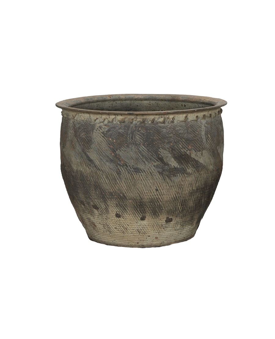 Vintage Chinese OAK water planter, showing speckled, textured glaze and rim detail.