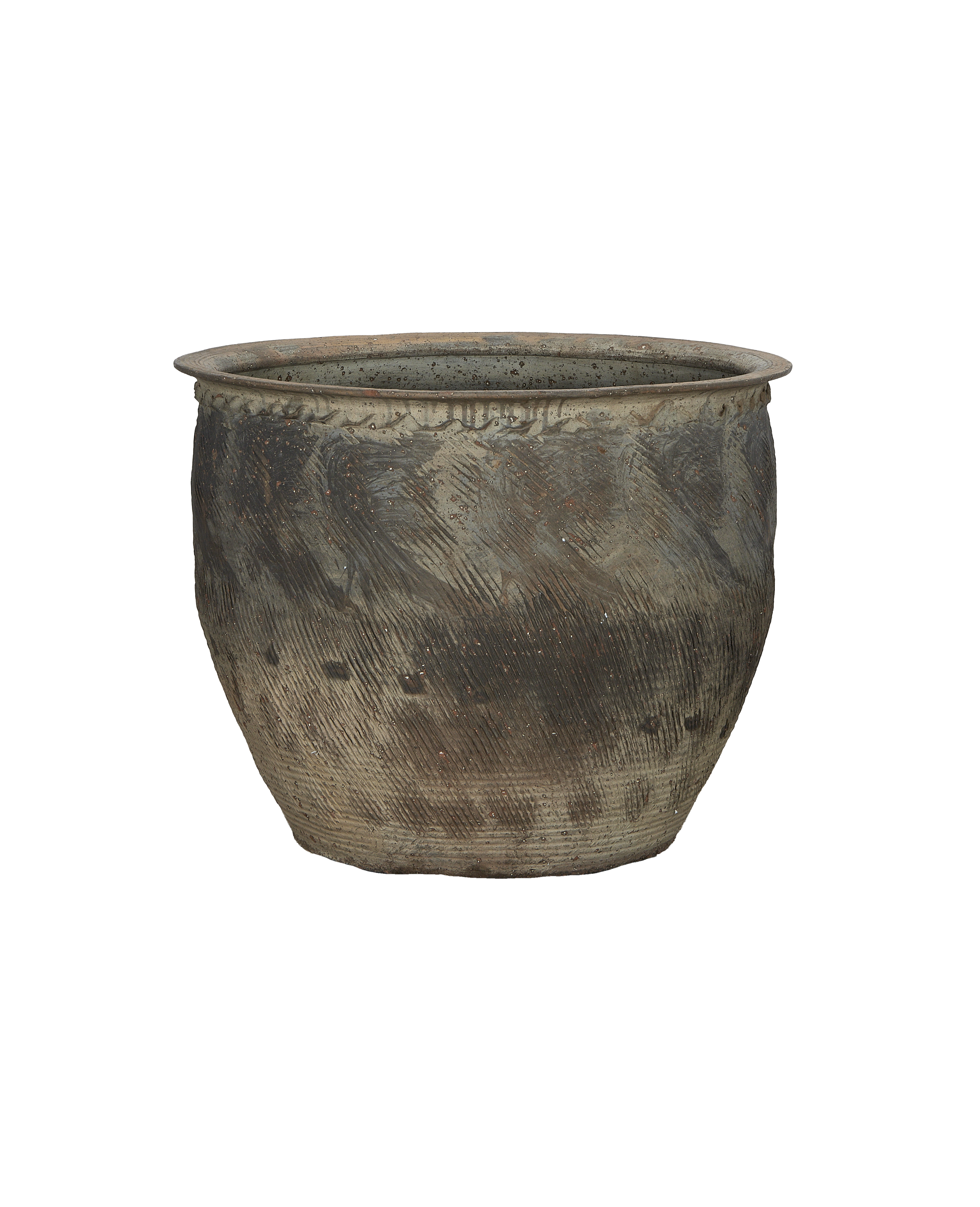 Vintage Chinese Water Planter, showing weathered oak texture, intricate etched details, and natural patina.