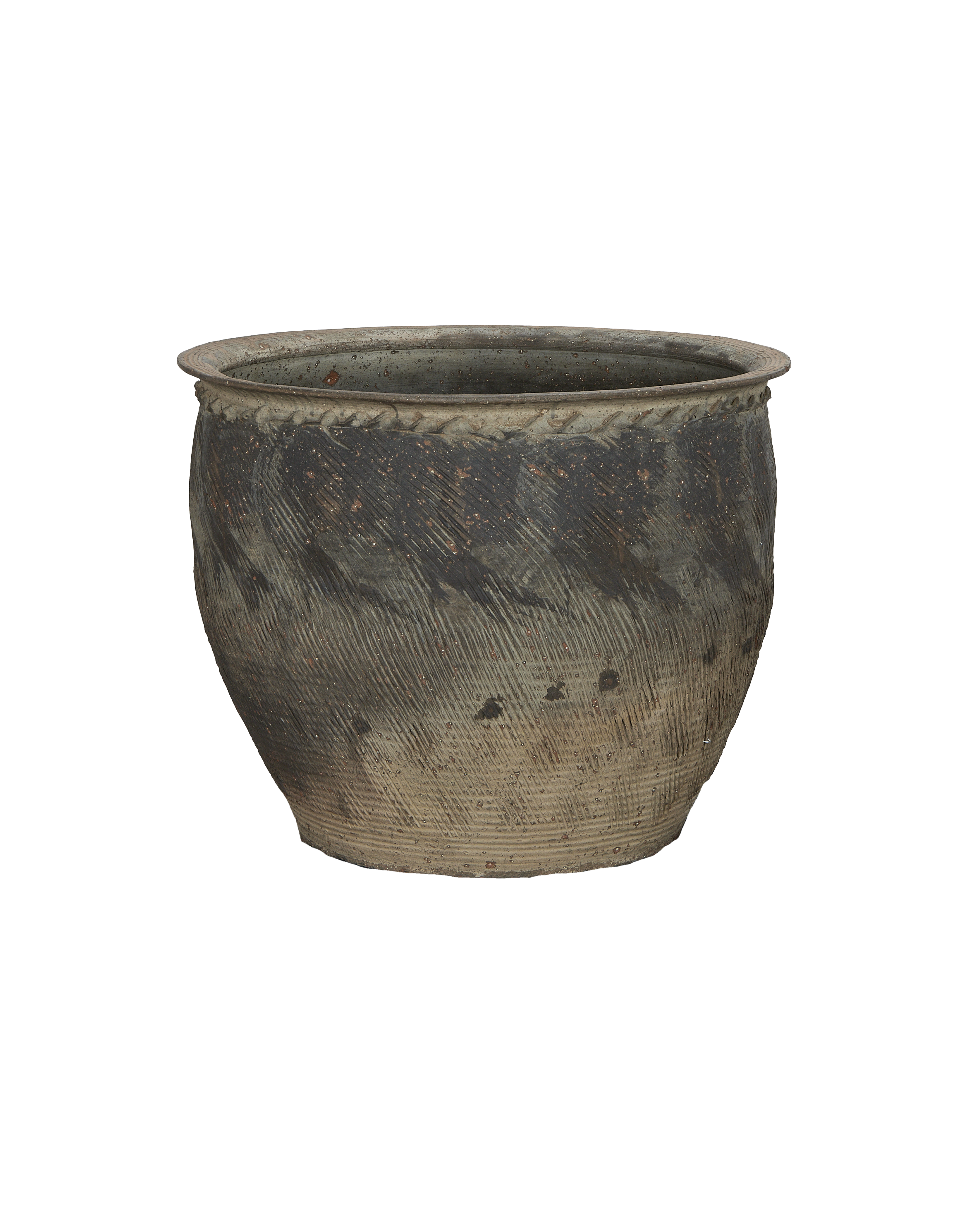 Vintage Chinese stoneware water planter with textured rustic surface and worn patina.