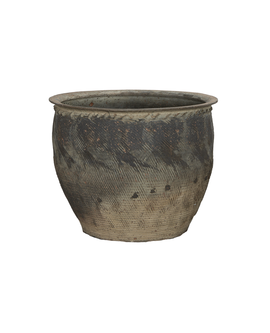 Vintage Chinese stoneware water planter with textured rustic surface and worn patina.
