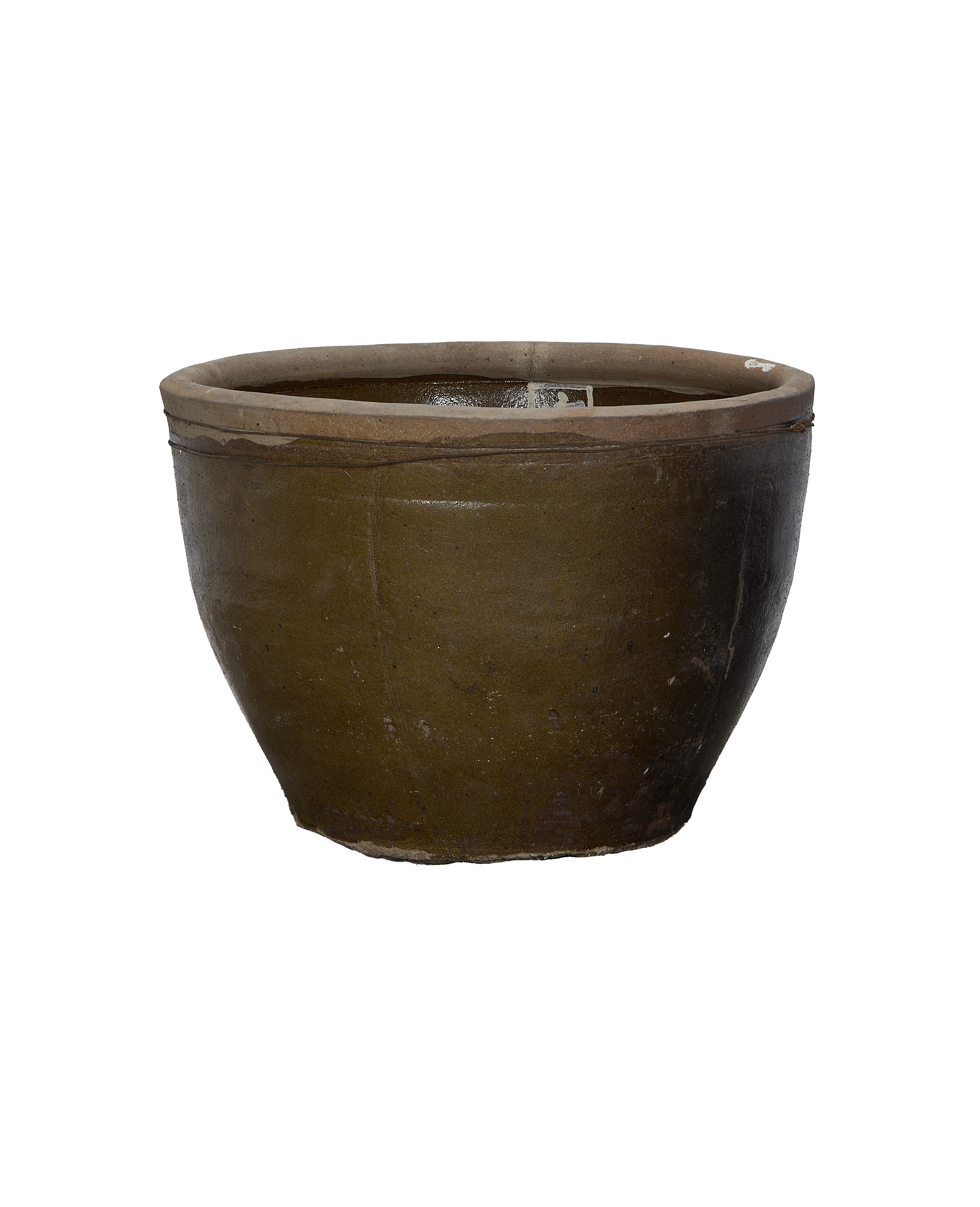 Vintage Chinese mulberry planter, round dark olive-green glazed ceramic pot from China.