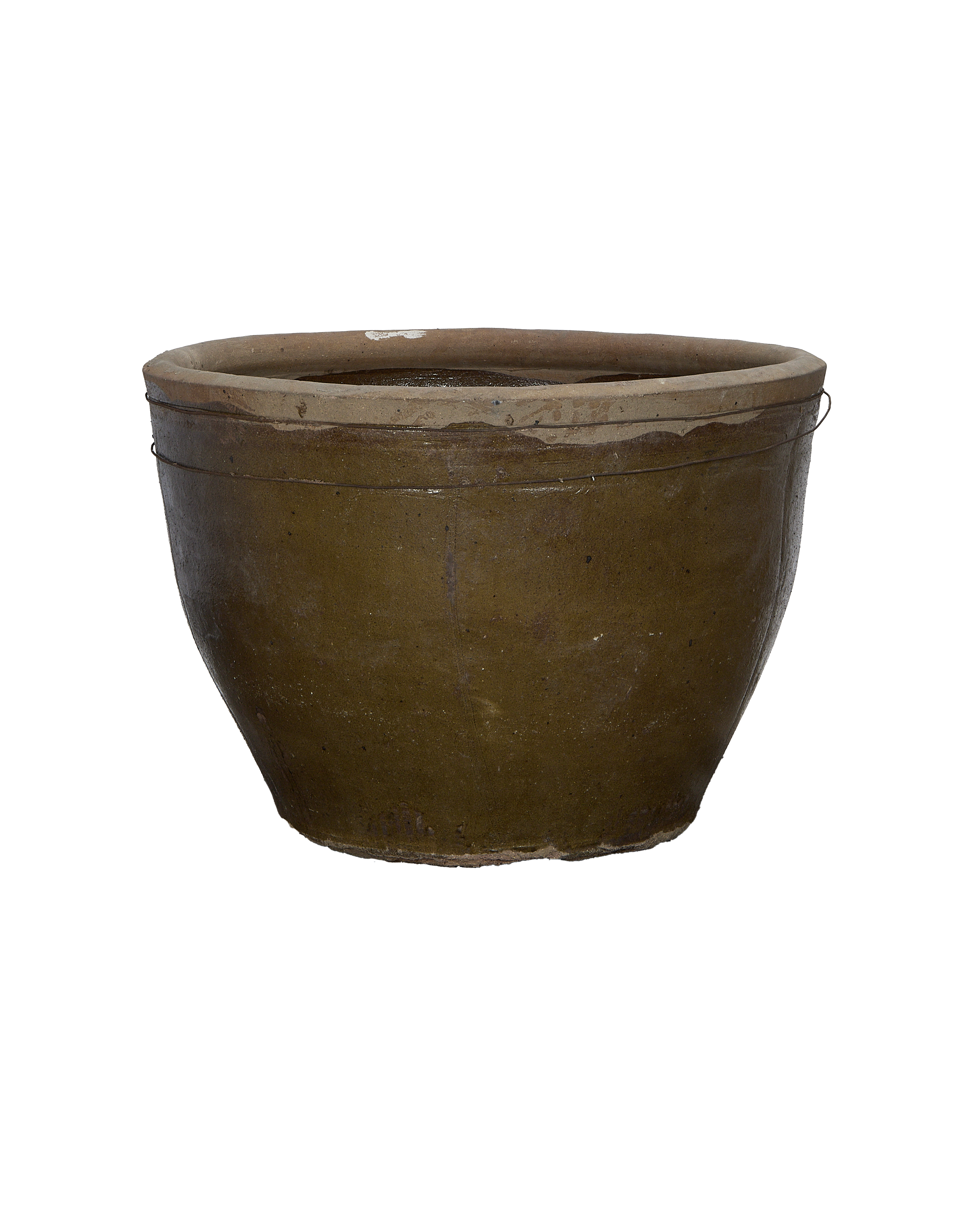 Vintage Chinese deep olive Mulberry planter with aged patina and wire detail. #2