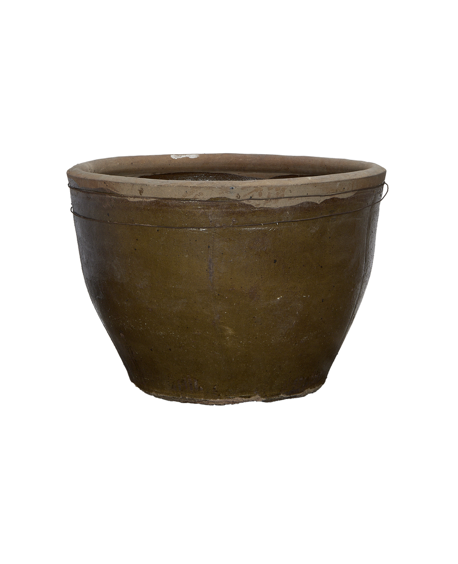 Vintage Chinese deep olive Mulberry planter with aged patina and wire detail. #2