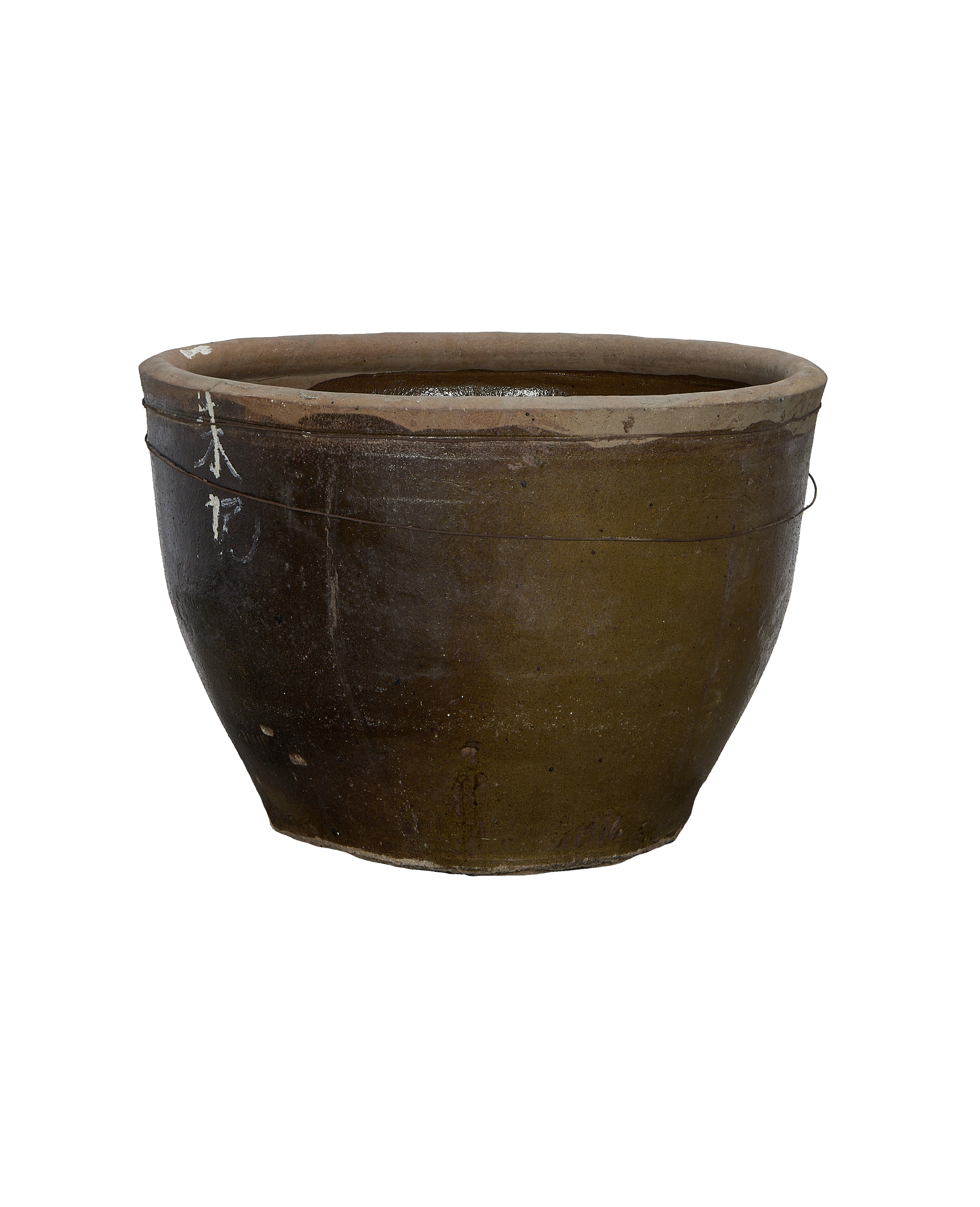 Chinese vintage ceramic mulberry planter, oak-colored, featuring distressed wire details and white markings on rim.