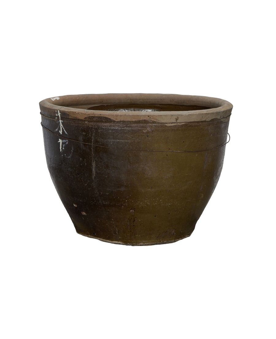 Chinese vintage ceramic mulberry planter, oak-colored, featuring distressed wire details and white markings on rim.