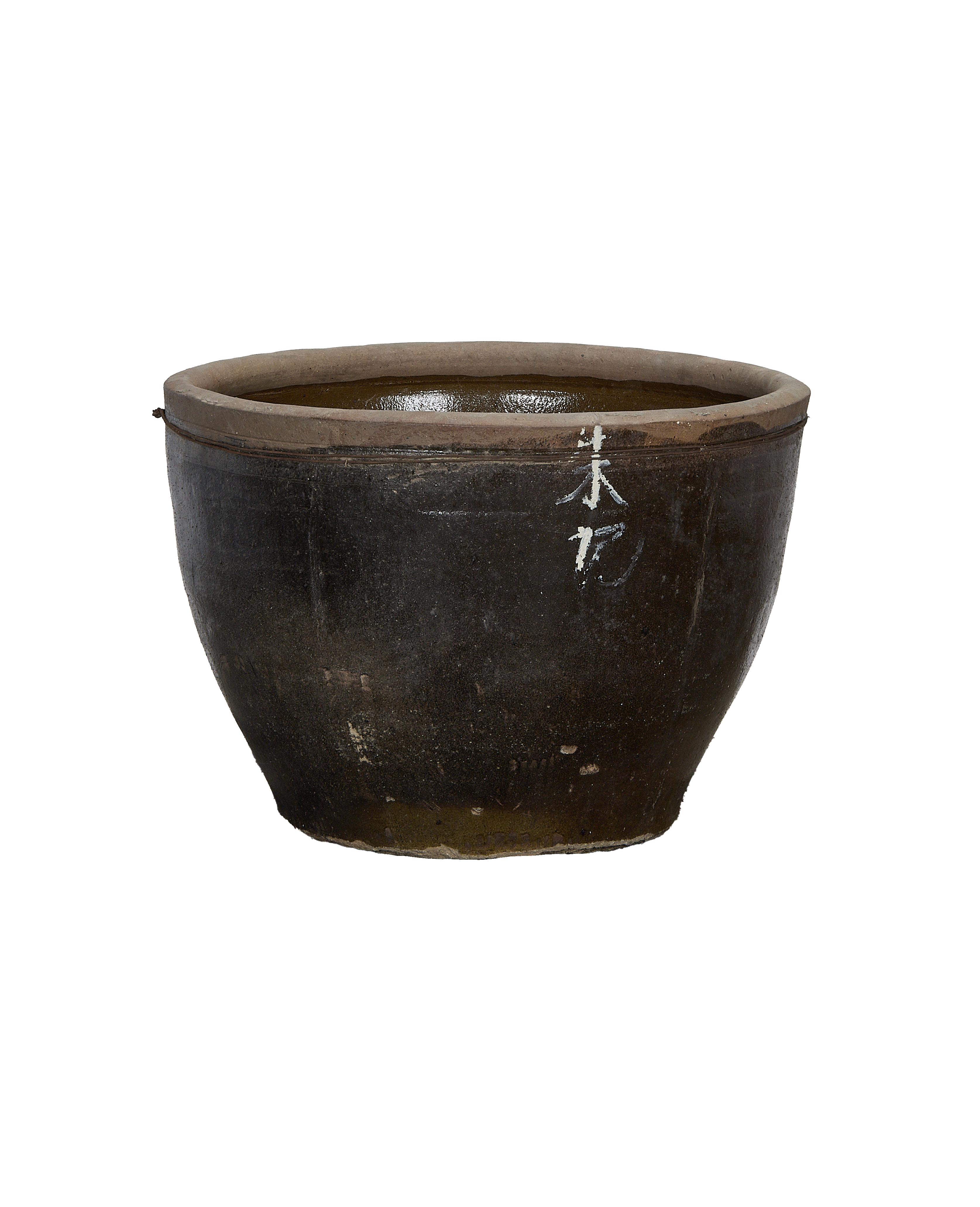 Vintage Chinese mulberry planter showing white painted character detail on dark oak finish.