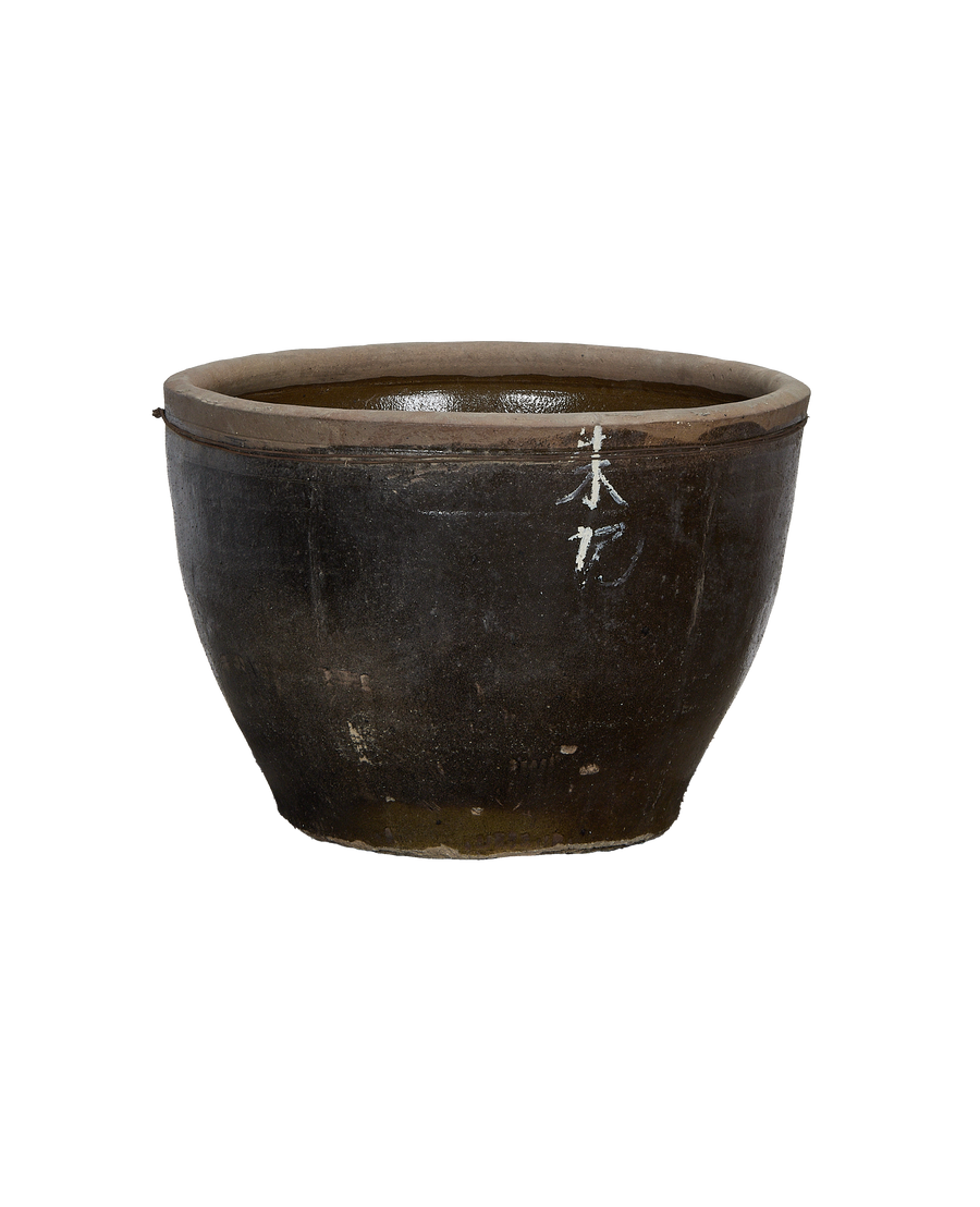 Vintage Chinese mulberry planter showing white painted character detail on dark oak finish.