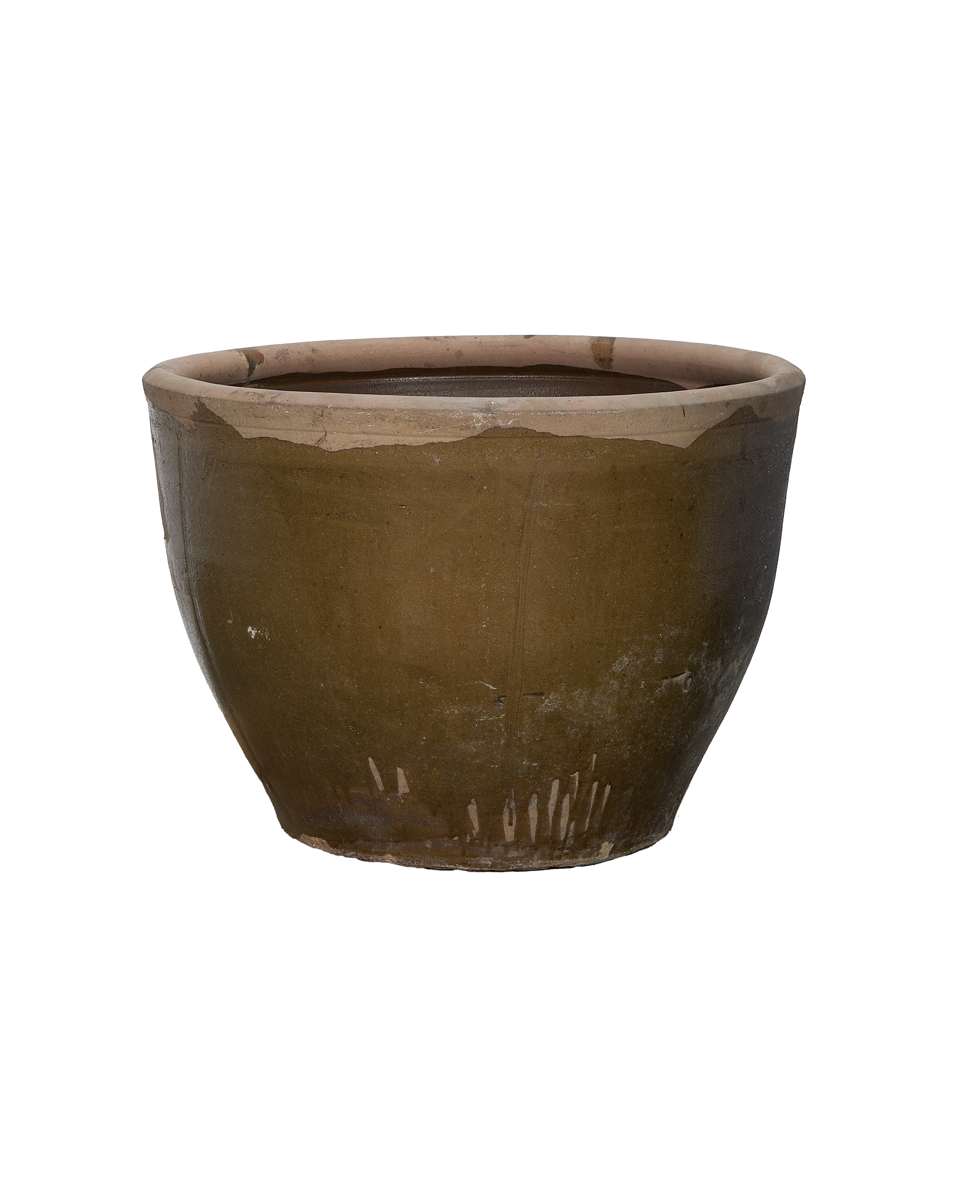 Vintage Chinese Mulberry planter, oak-colored finish, distressed surface, tapered form.