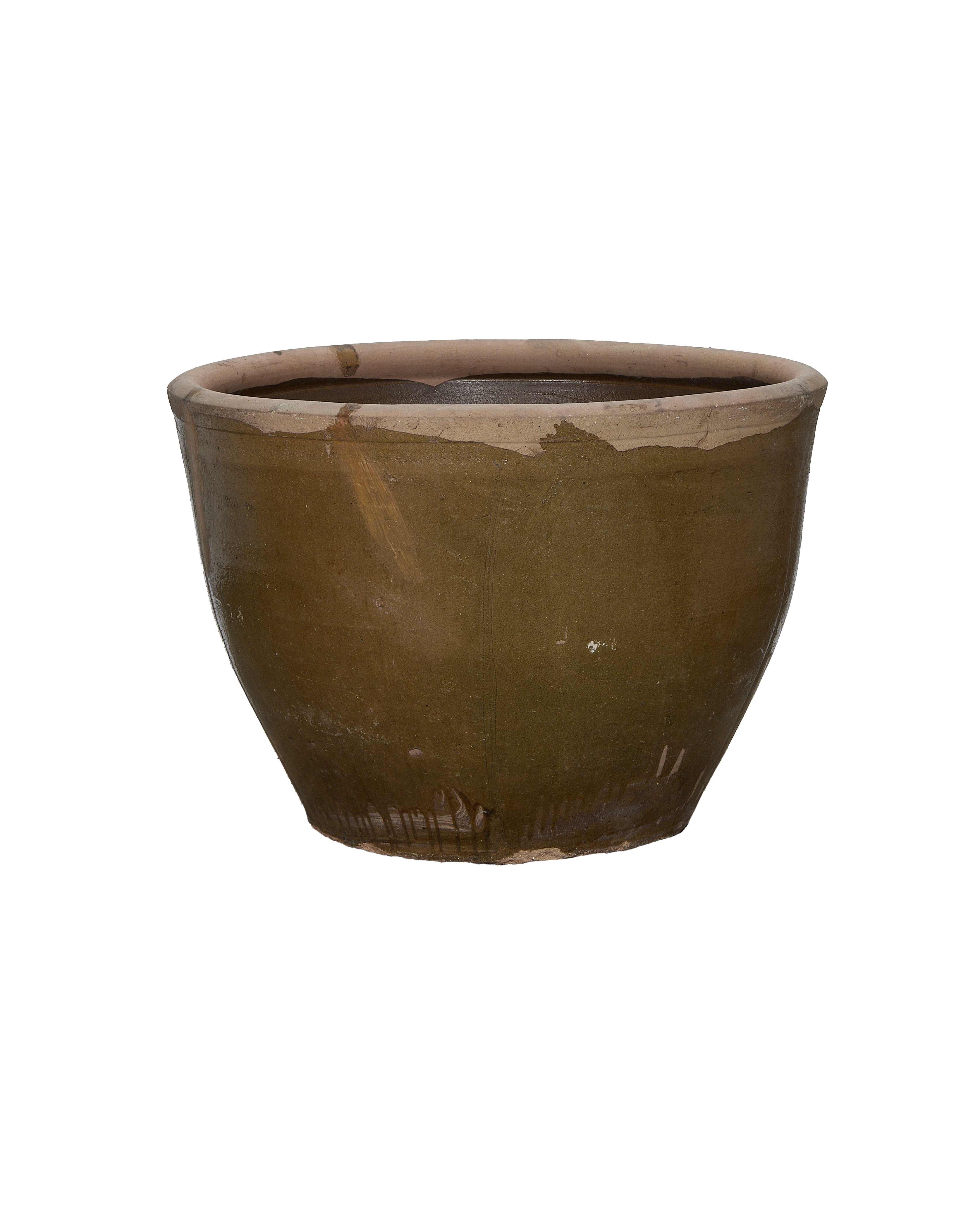 Vintage Chinese oak Mulberry Planter, profile view showing aged patina and rim wear.