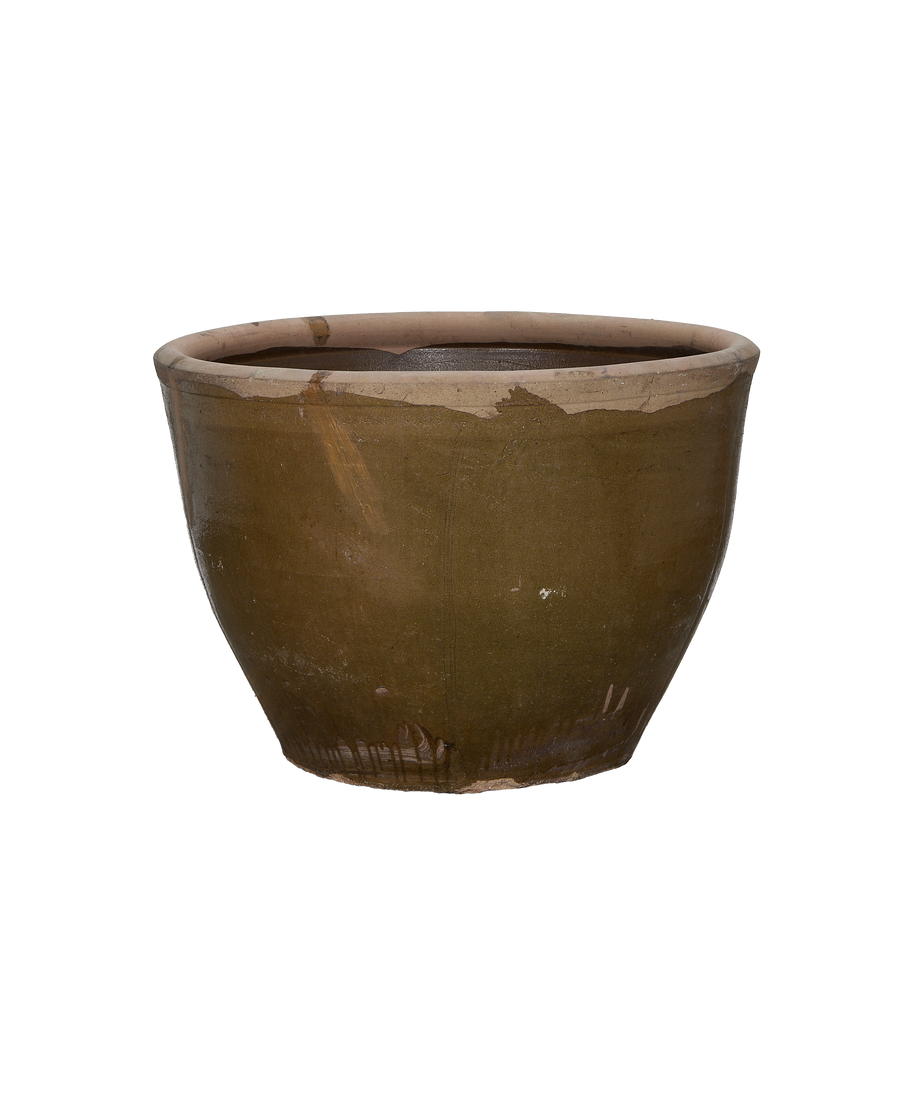 Vintage Chinese oak Mulberry Planter, profile view showing aged patina and rim wear.
