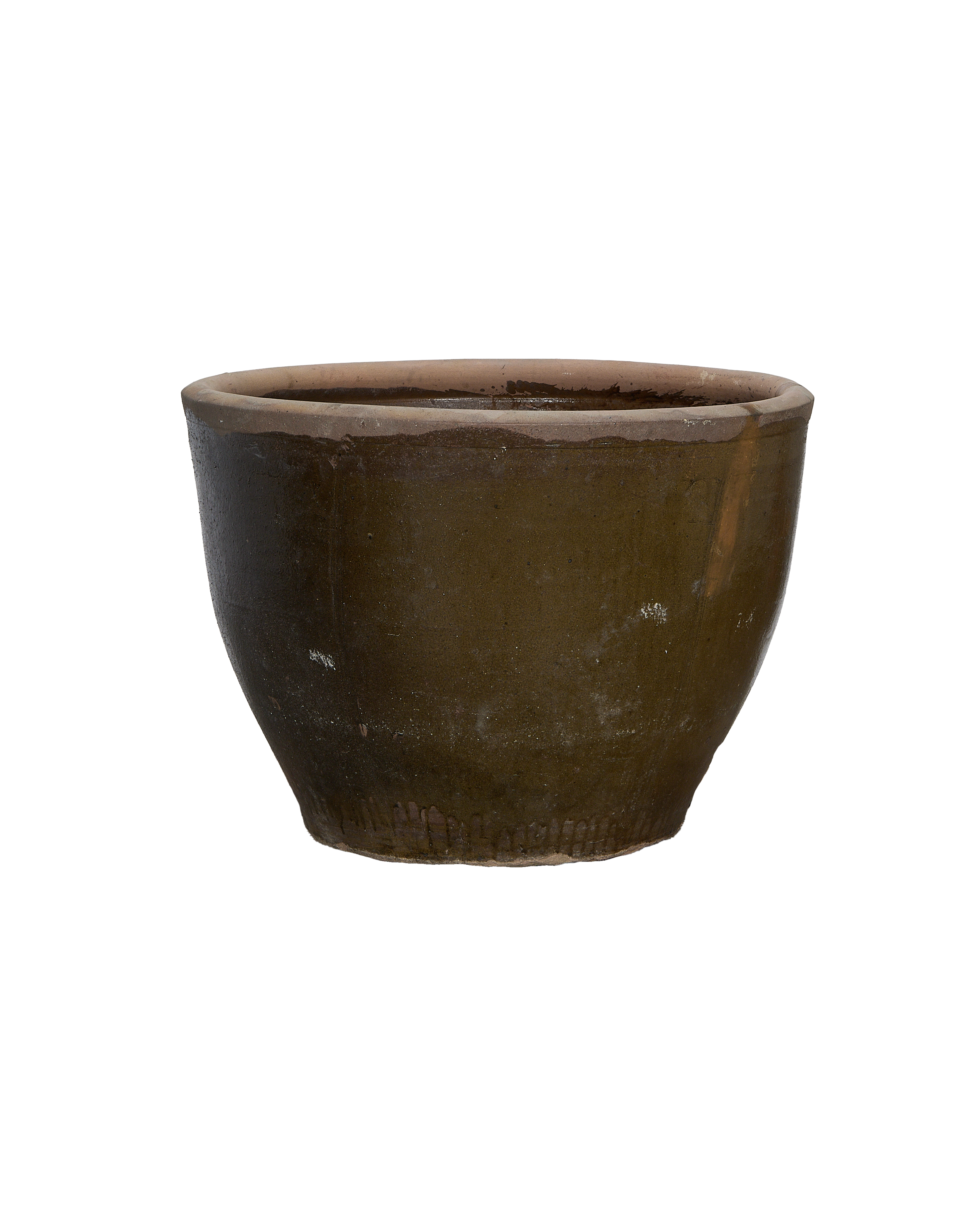 Vintage Chinese mulberry planter, green-glazed ceramic, showing rustic texture and worn rim detail.