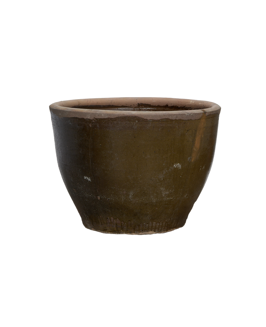 Vintage Chinese mulberry planter, green-glazed ceramic, showing rustic texture and worn rim detail.