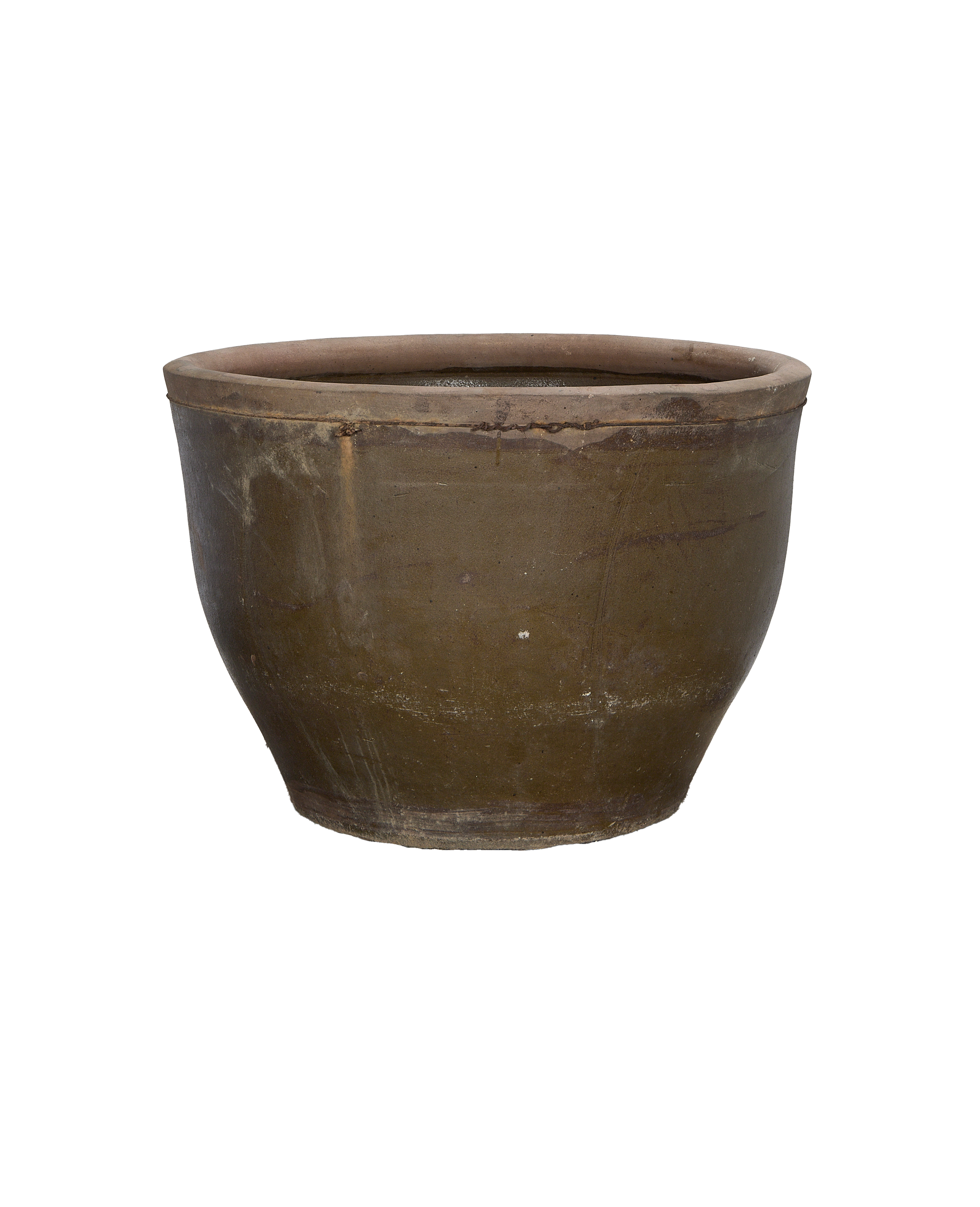 Vintage Chinese mulberry planter, distressed dark oak-colored, with slightly chipped rim.