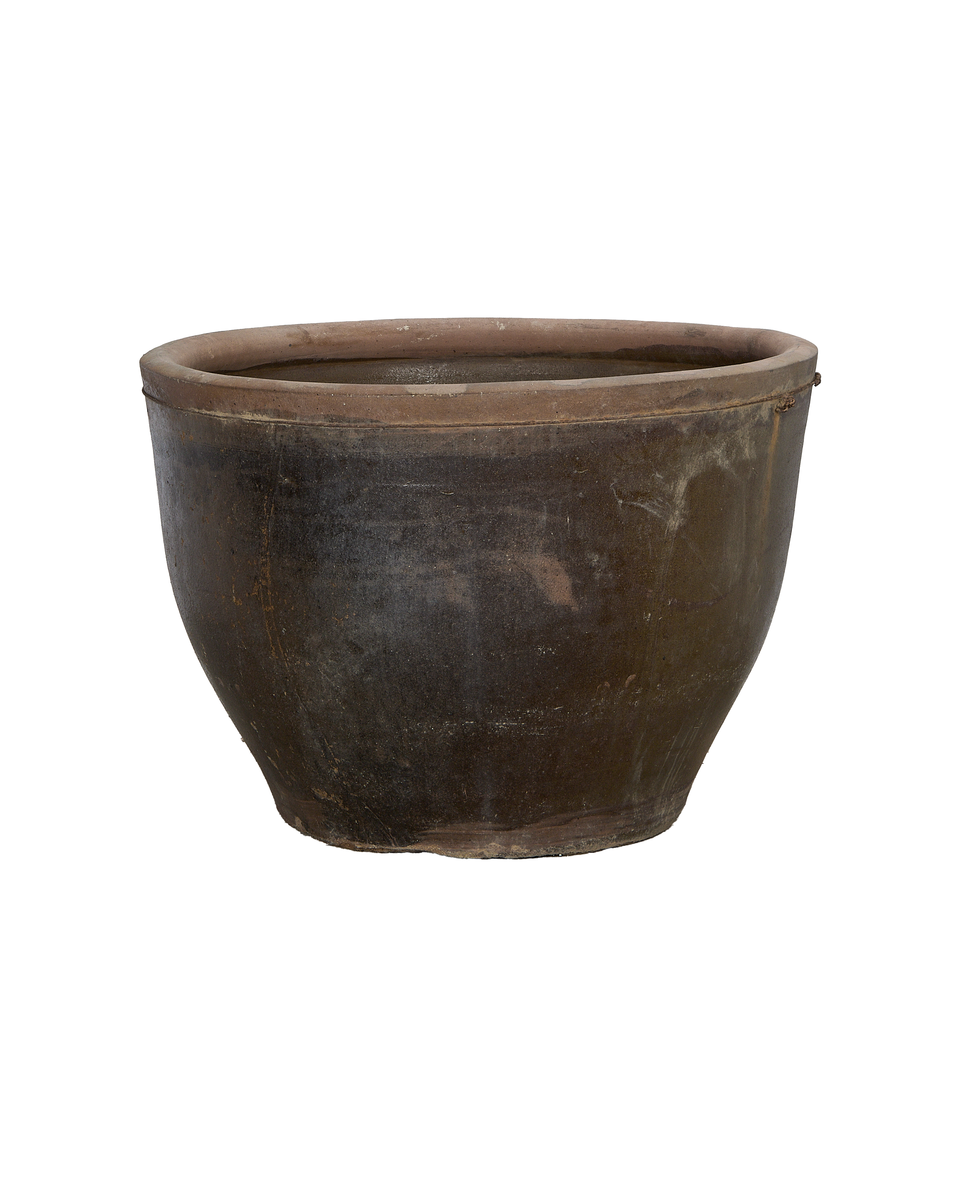 Vintage Chinese mulberry oak planter, wide-rimmed with textured dark wood patina, angled view.