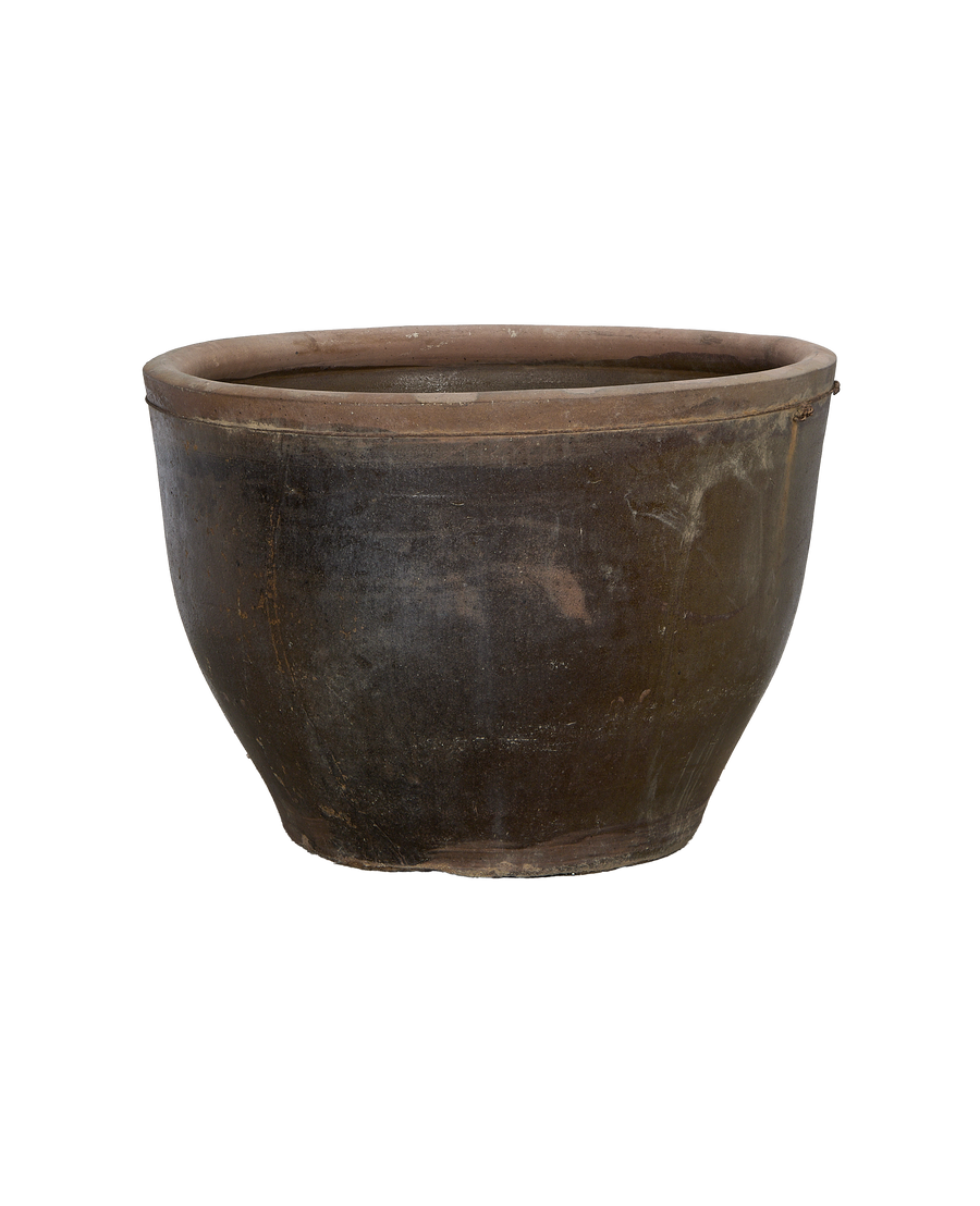 Vintage Chinese mulberry oak planter, wide-rimmed with textured dark wood patina, angled view.