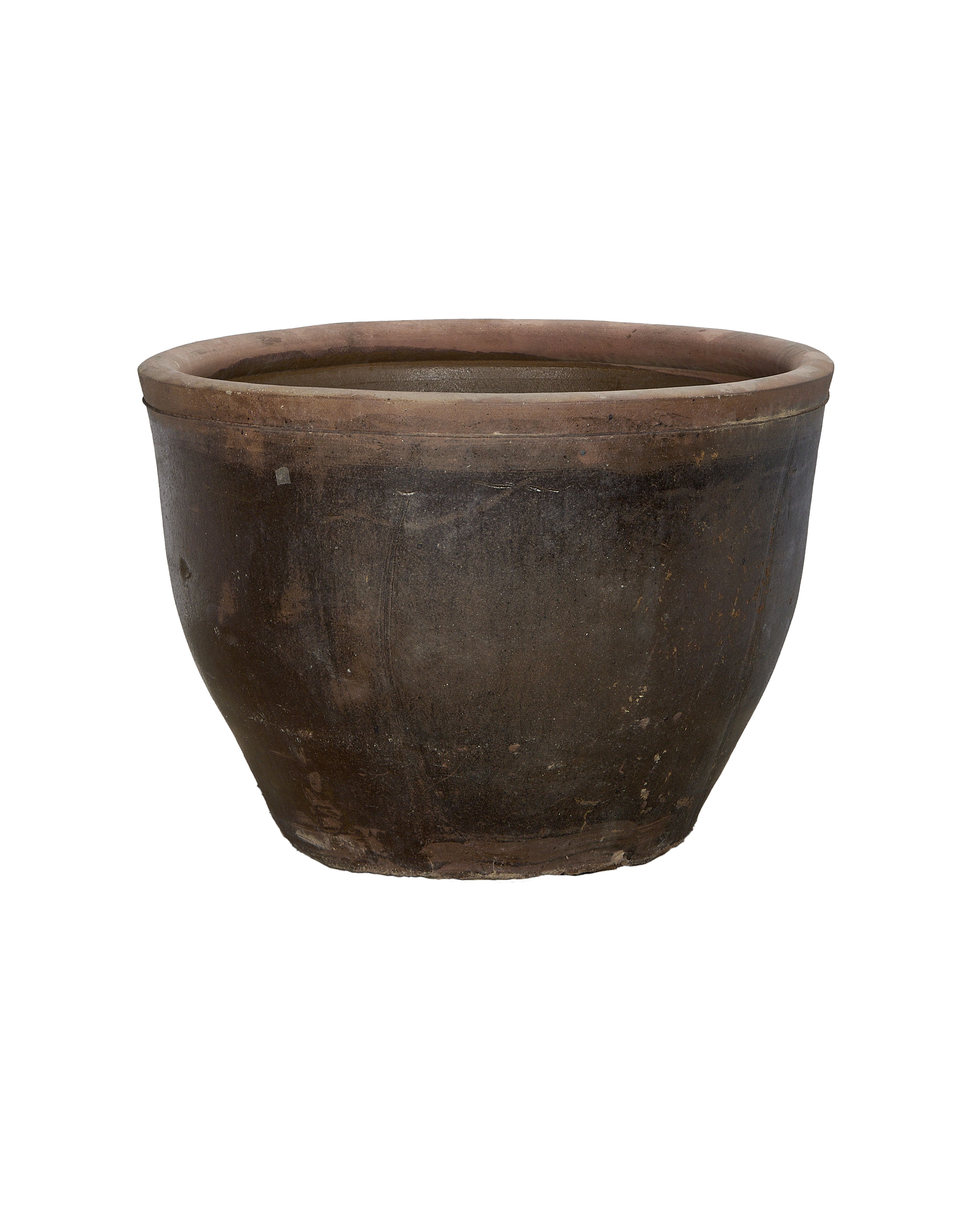 Vintage Chinese OAK Mulberry Planter, showing weathered texture and rim detail on dark background.