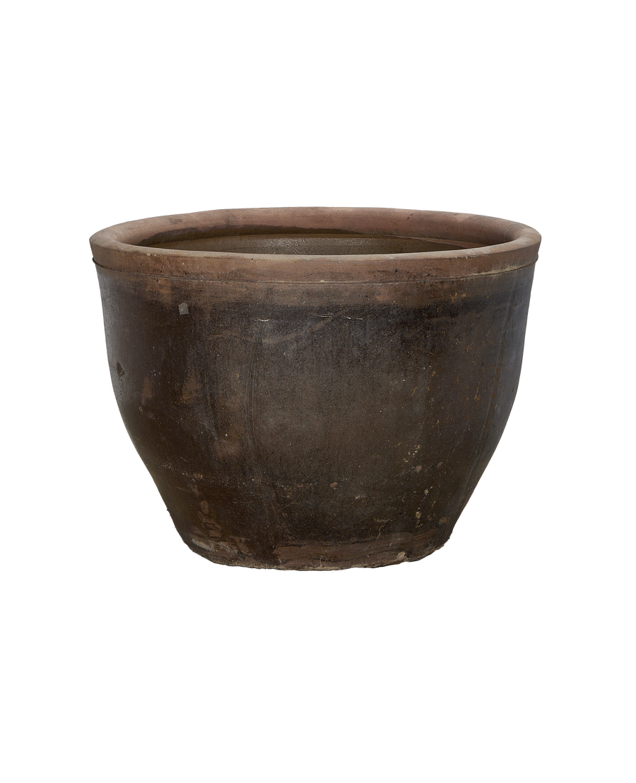 Vintage Chinese OAK Mulberry Planter, showing weathered texture and rim detail on dark background.