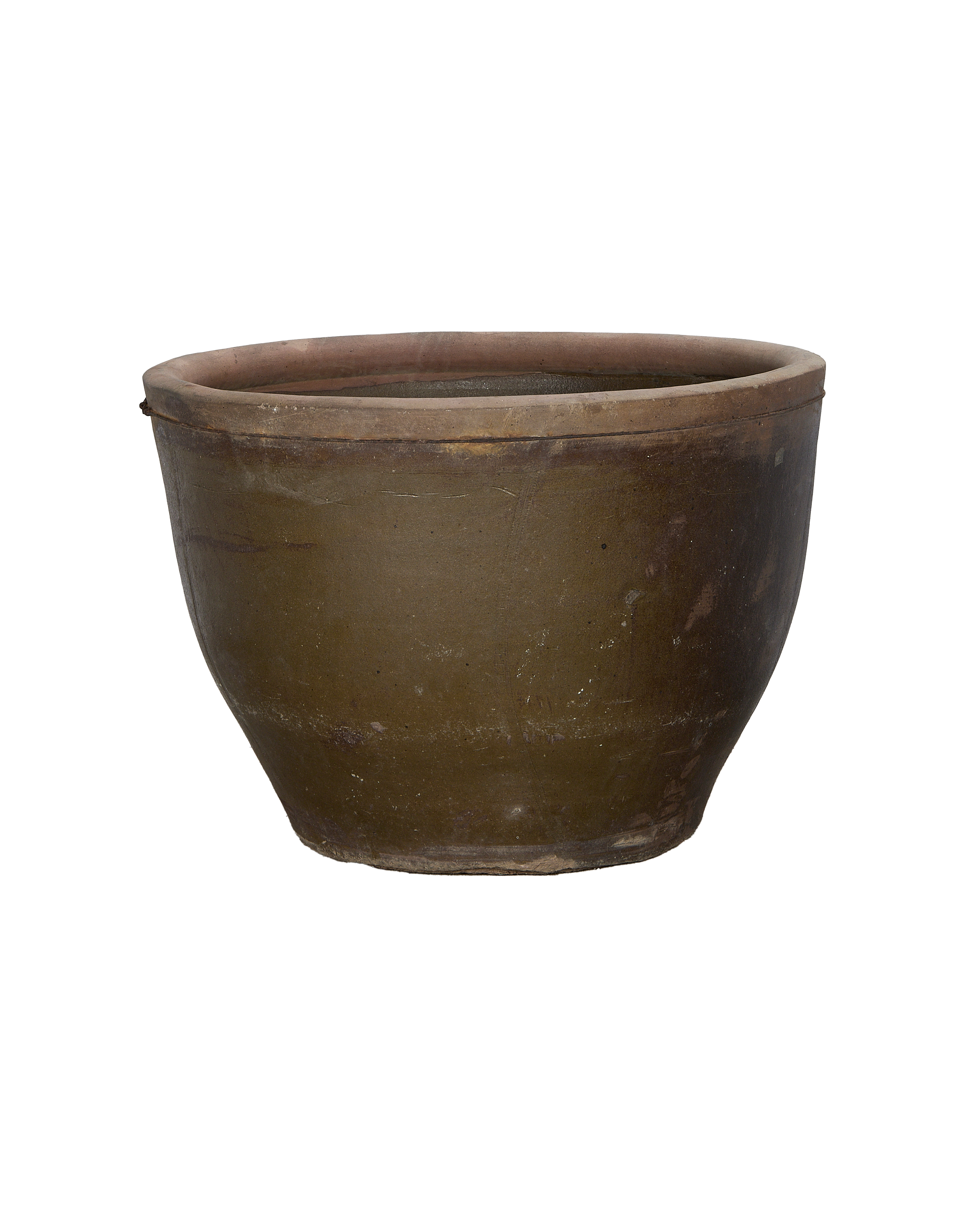Vintage Chinese Mulberry planter, dark olive, with visible worn texture from a side angle.