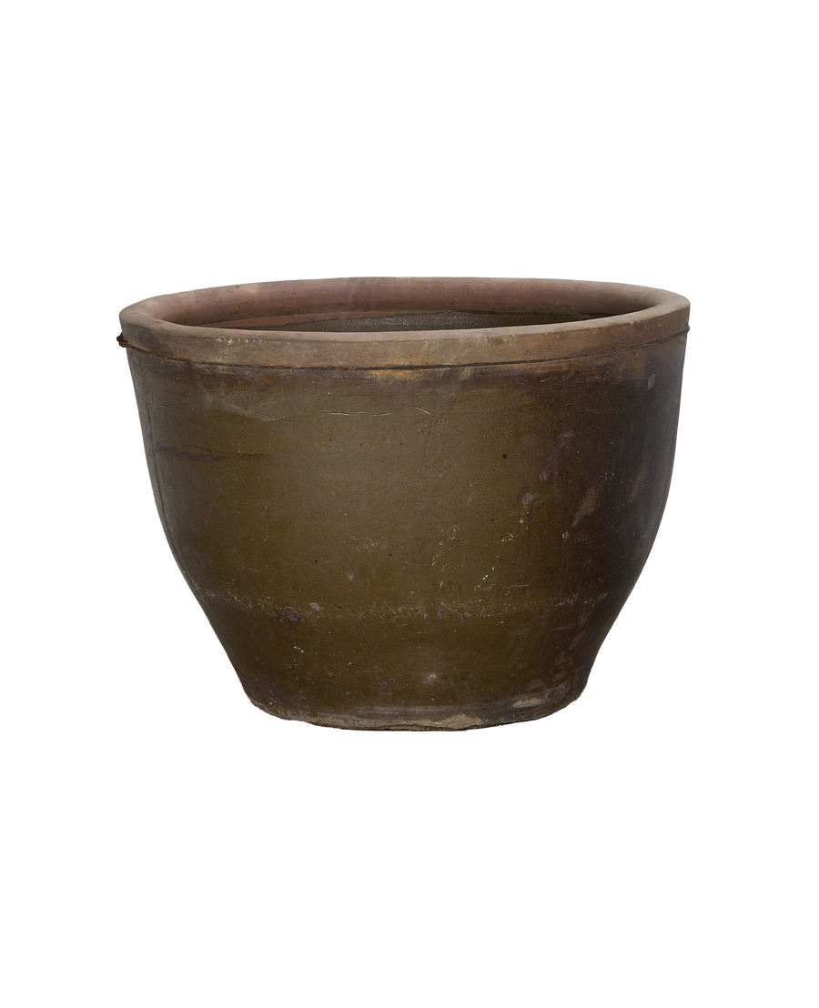 Vintage Chinese Mulberry planter, dark olive, with visible worn texture from a side angle.