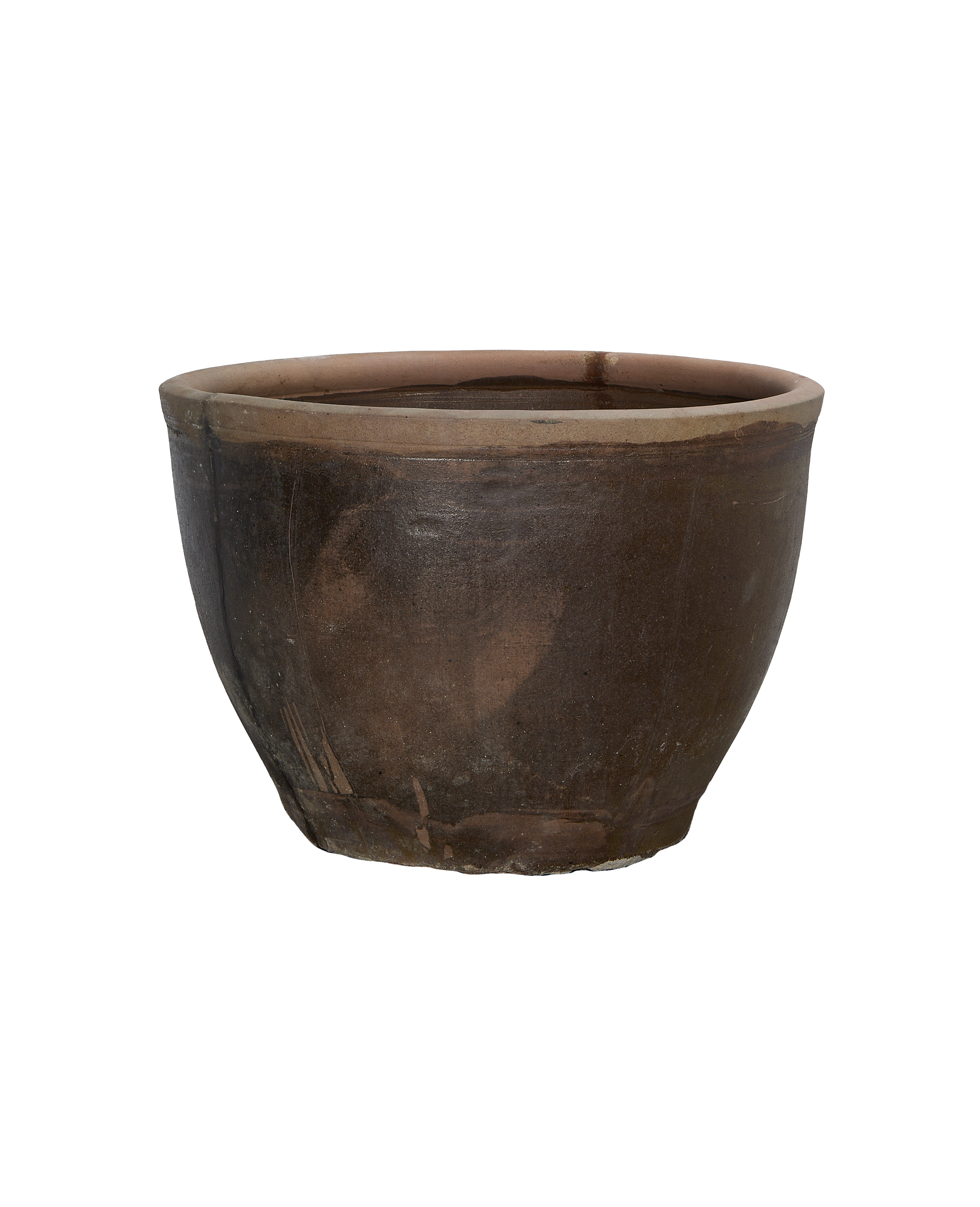 Vintage Chinese Mulberry Planter, rustic brown ceramic with rough texture, wide opening.