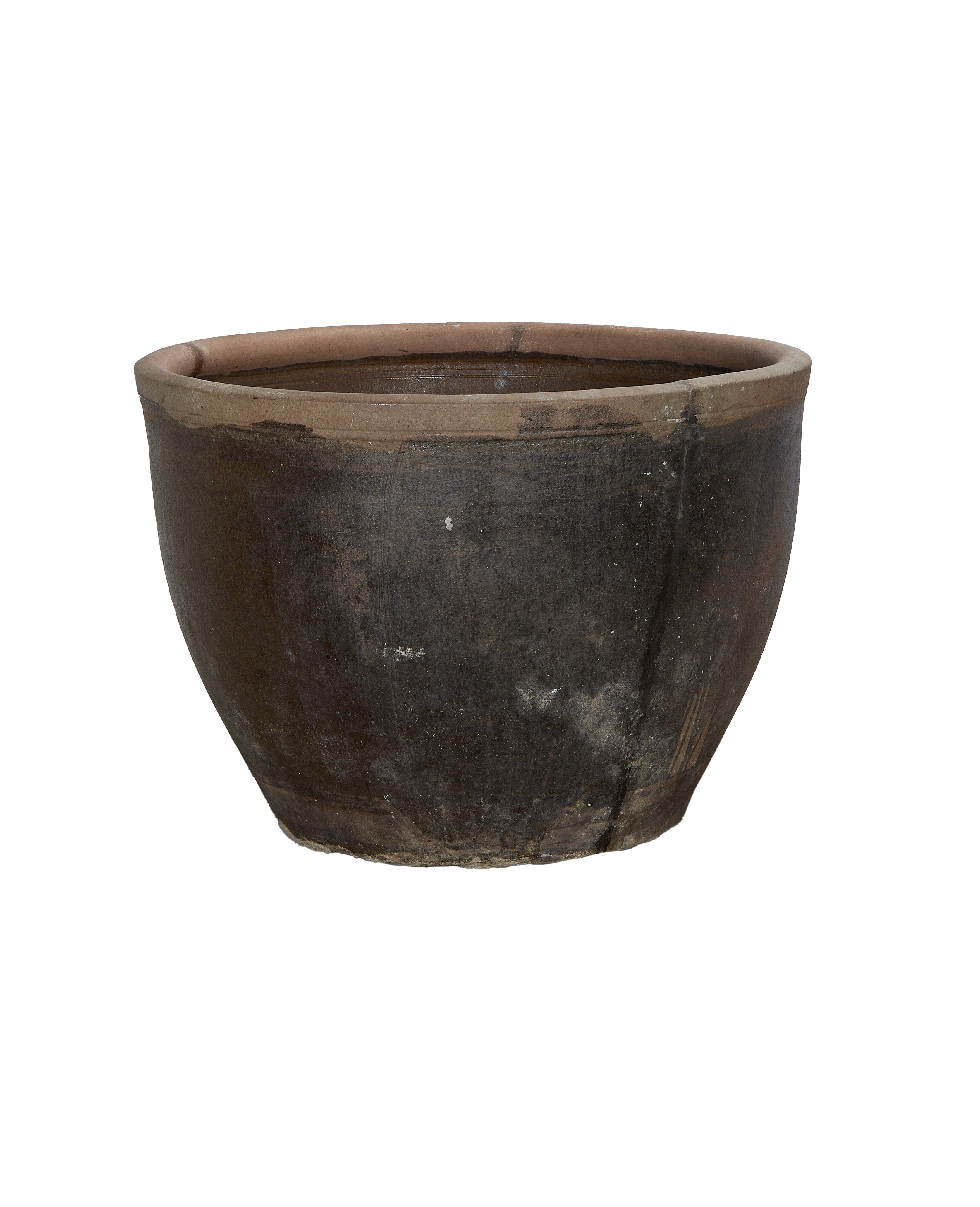 Vintage Chinese Mulberry Planter, weathered terra cotta rim and dark, textured OAK body.