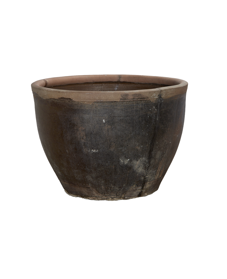 Vintage Chinese Mulberry Planter, weathered terra cotta rim and dark, textured OAK body.