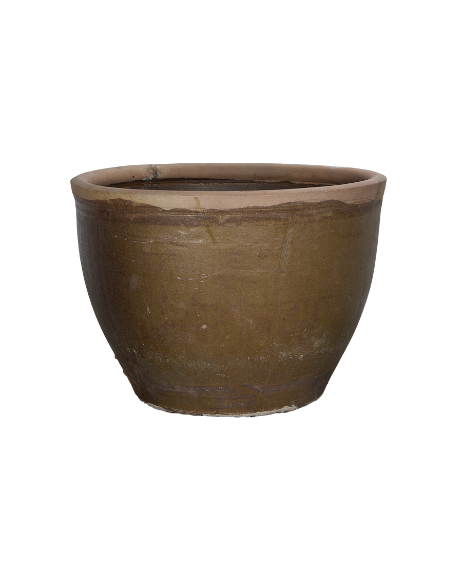 Vintage Chinese Mulberry planter, oak, showing unique rim and textured surface details.