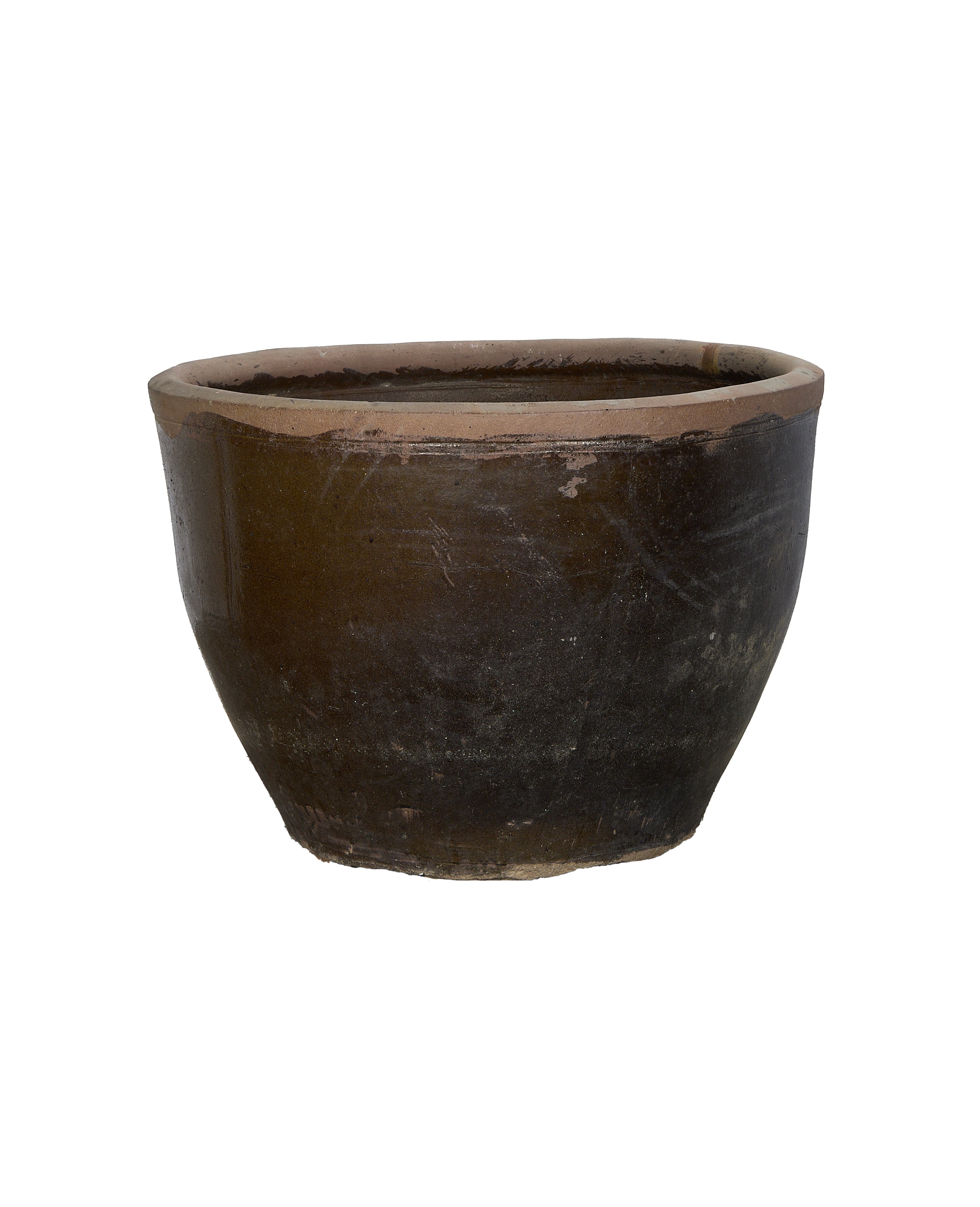 Vintage dark brown Chinese Mulberry planter, weathered ceramic with flared rim.