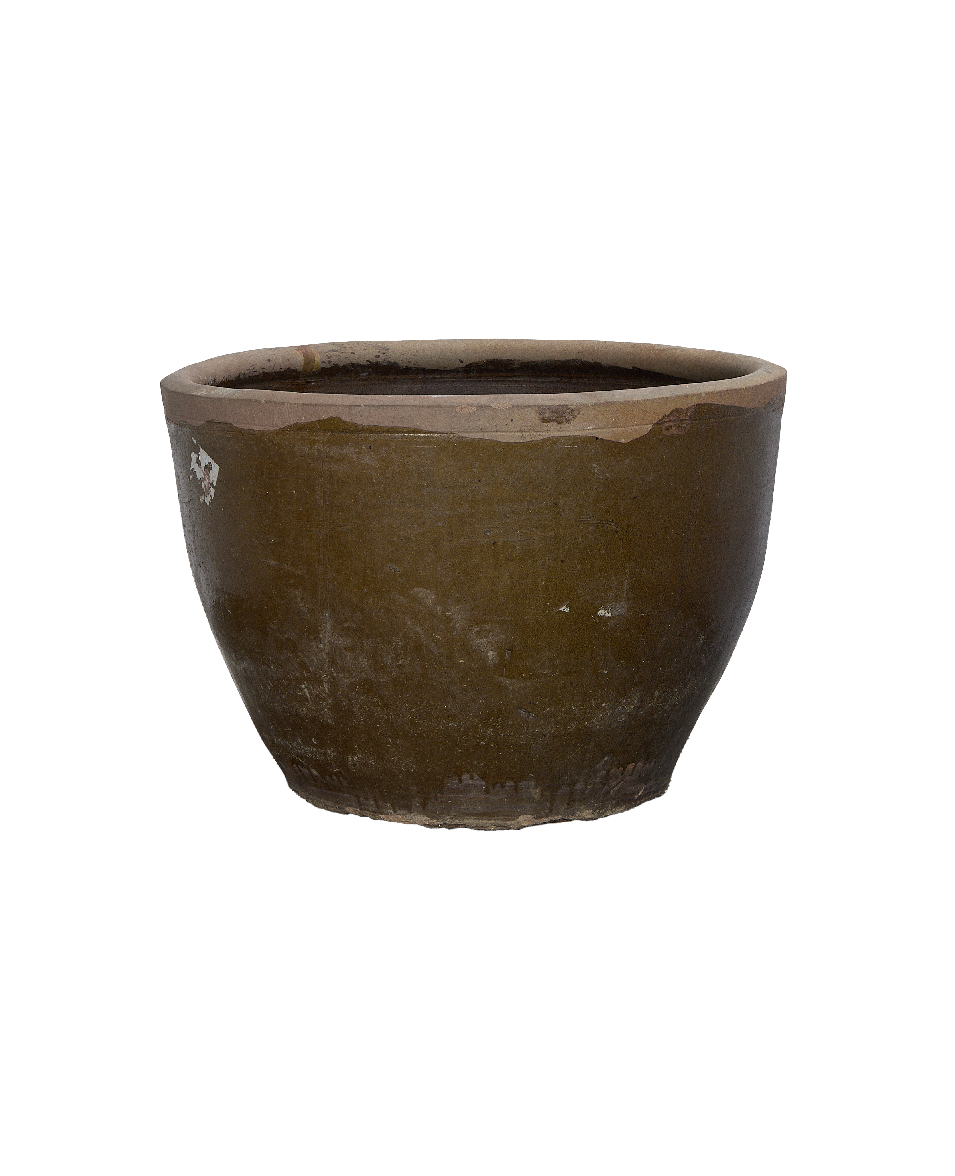 Vintage Chinese Mulberry OAK planter, showing its worn rim and textured, weathered surface.