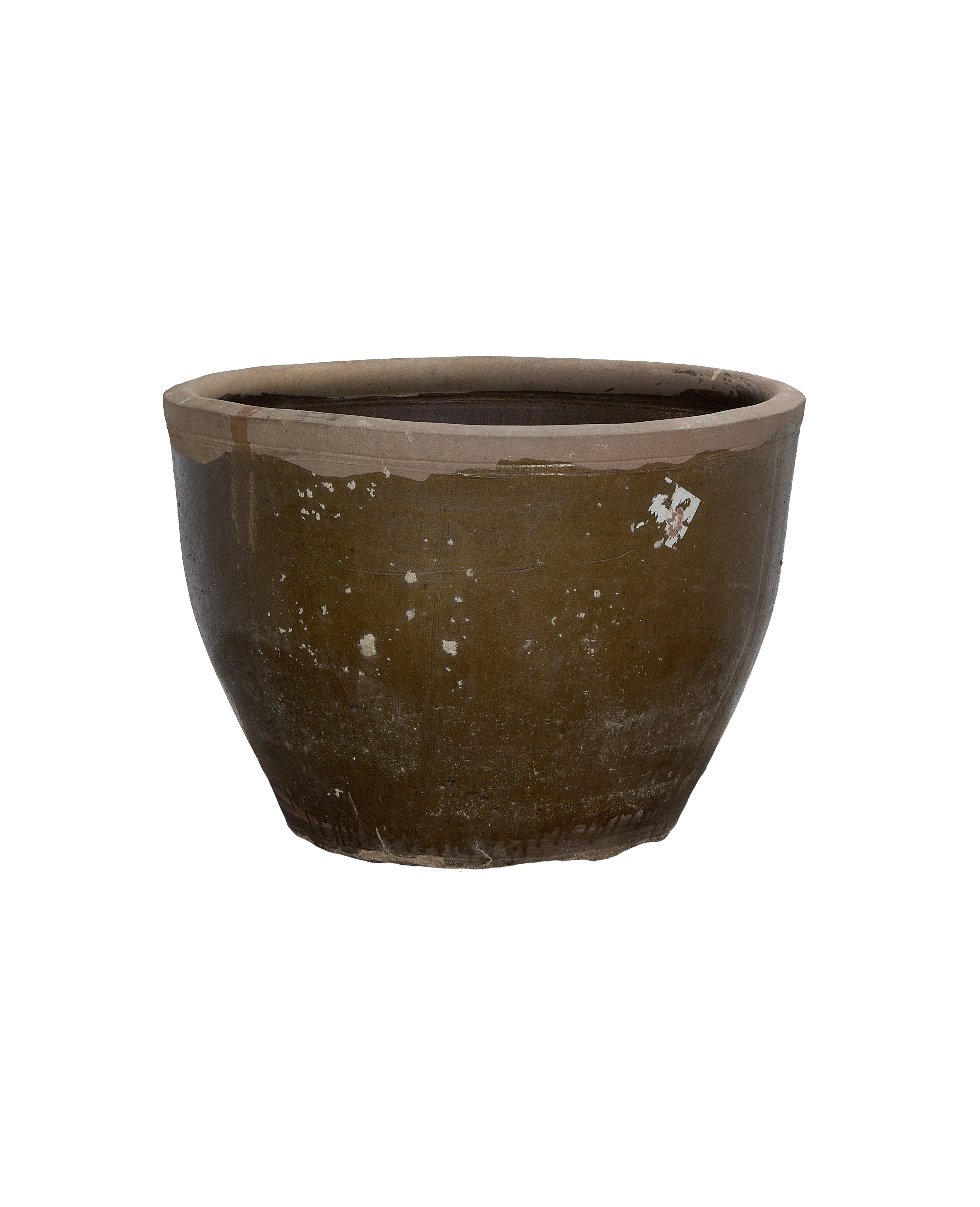 Vintage Mulberry Planter: Full front view showcasing distressed green glaze and weathered terracotta rim.