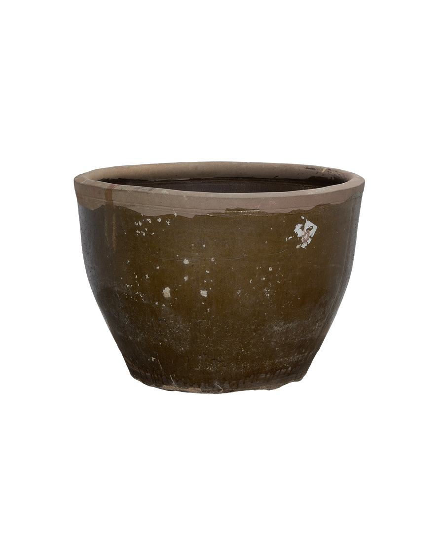 Vintage Mulberry Planter: Full front view showcasing distressed green glaze and weathered terracotta rim.