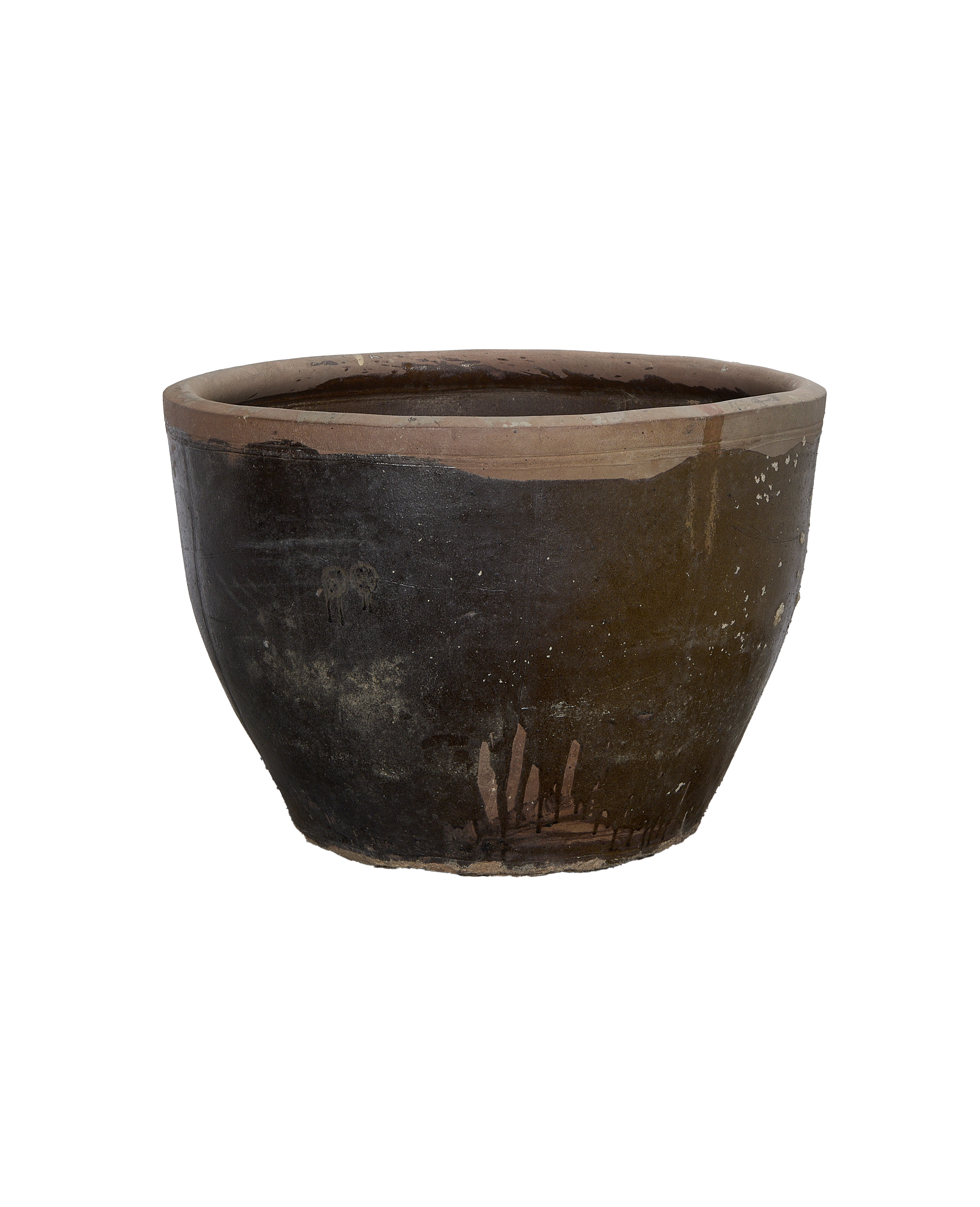 Vintage Chinese Mulberry Planter, weathered OAK finish, showing full bucket shape and texture.