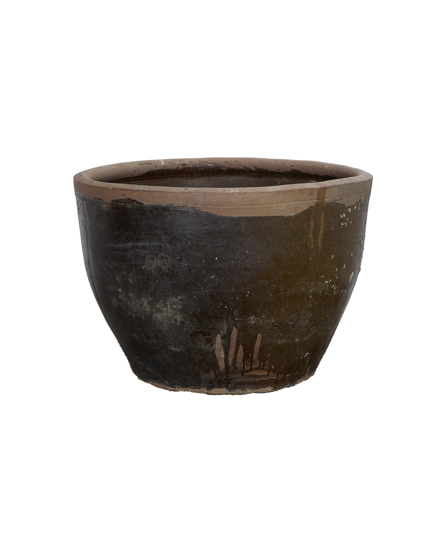 Vintage Chinese Mulberry Planter, weathered OAK finish, showing full bucket shape and texture.