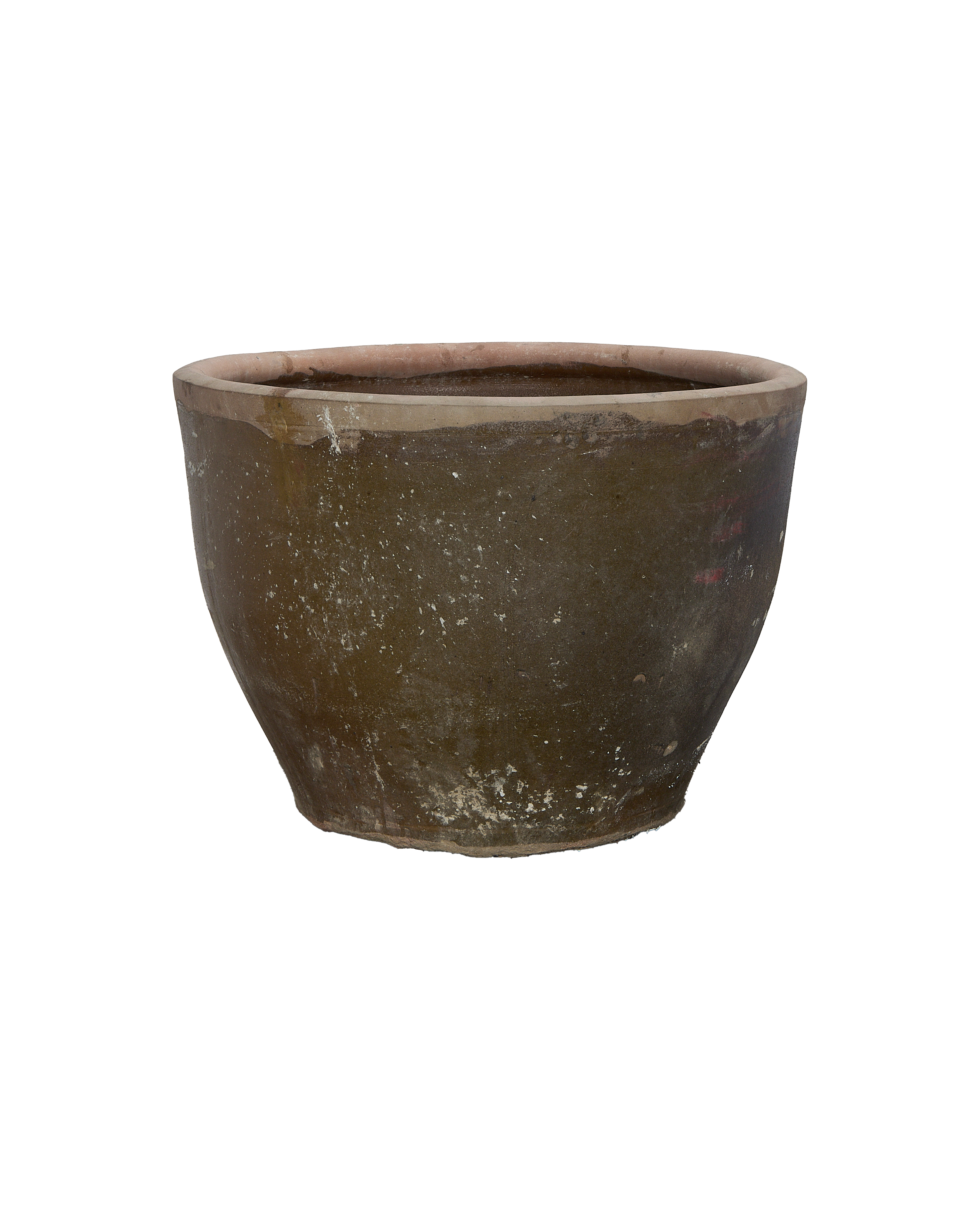 Vintage Chinese OAK Mulberry Planter, showing weathered brown wood, subtle red inner rim.
