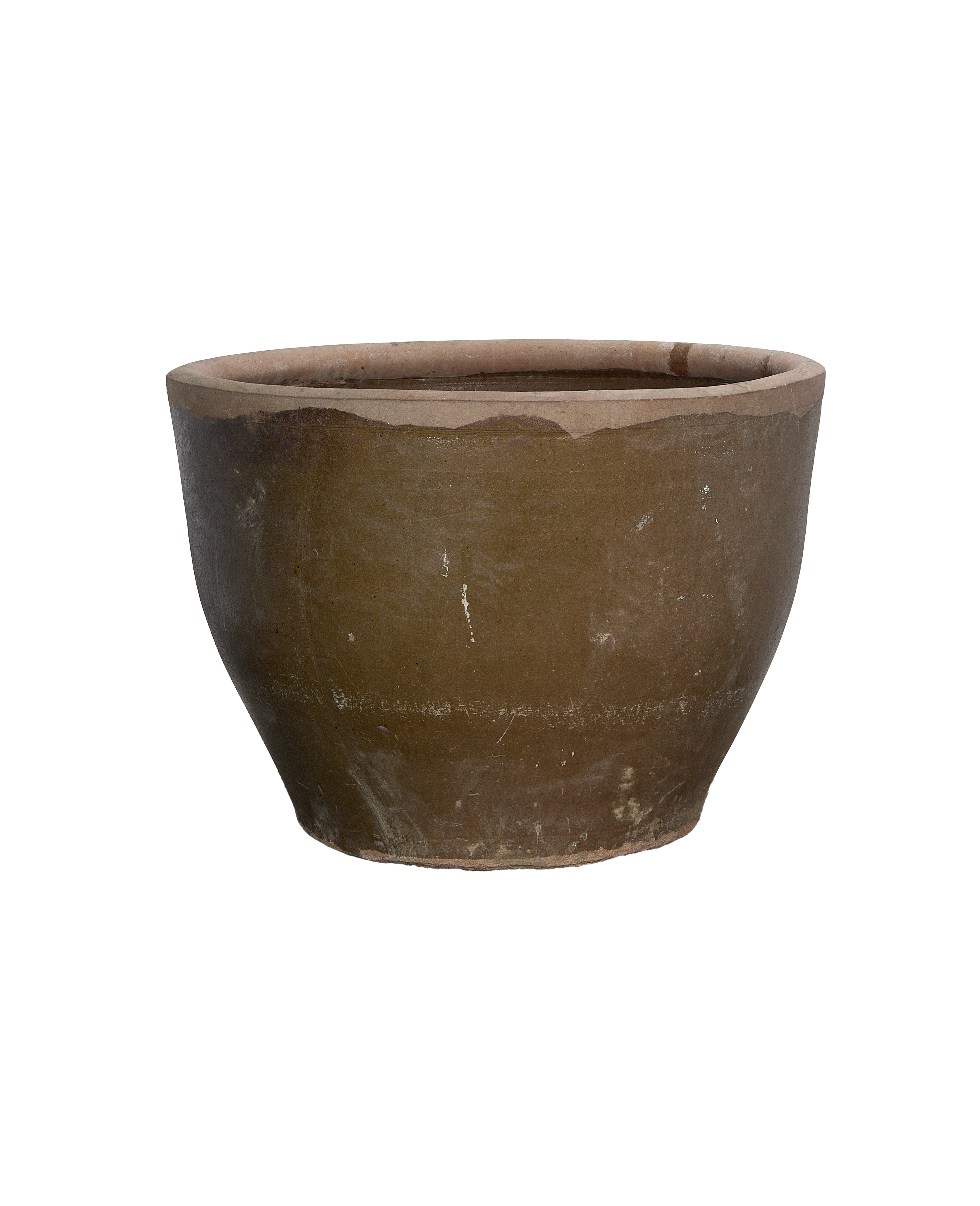 Vintage Chinese OAK mulberry planter, showing the weathered texture and slight chips.