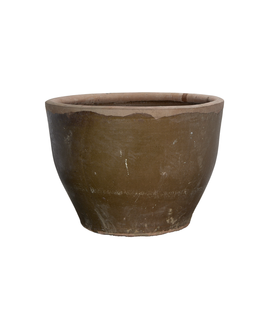 Vintage Chinese OAK mulberry planter, showing the weathered texture and slight chips.
