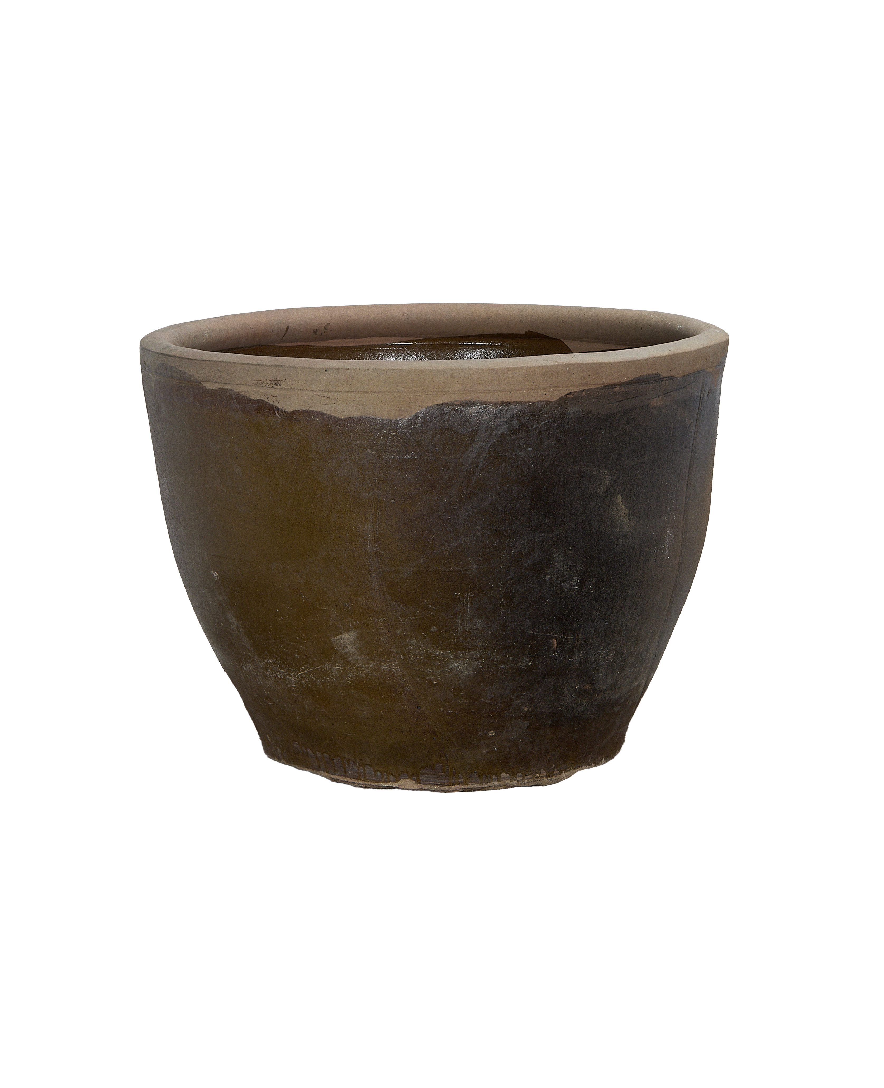 Vintage Chinese Mulberry OAK planter, distressed brown-black ceramic, aged patina, wide rim.