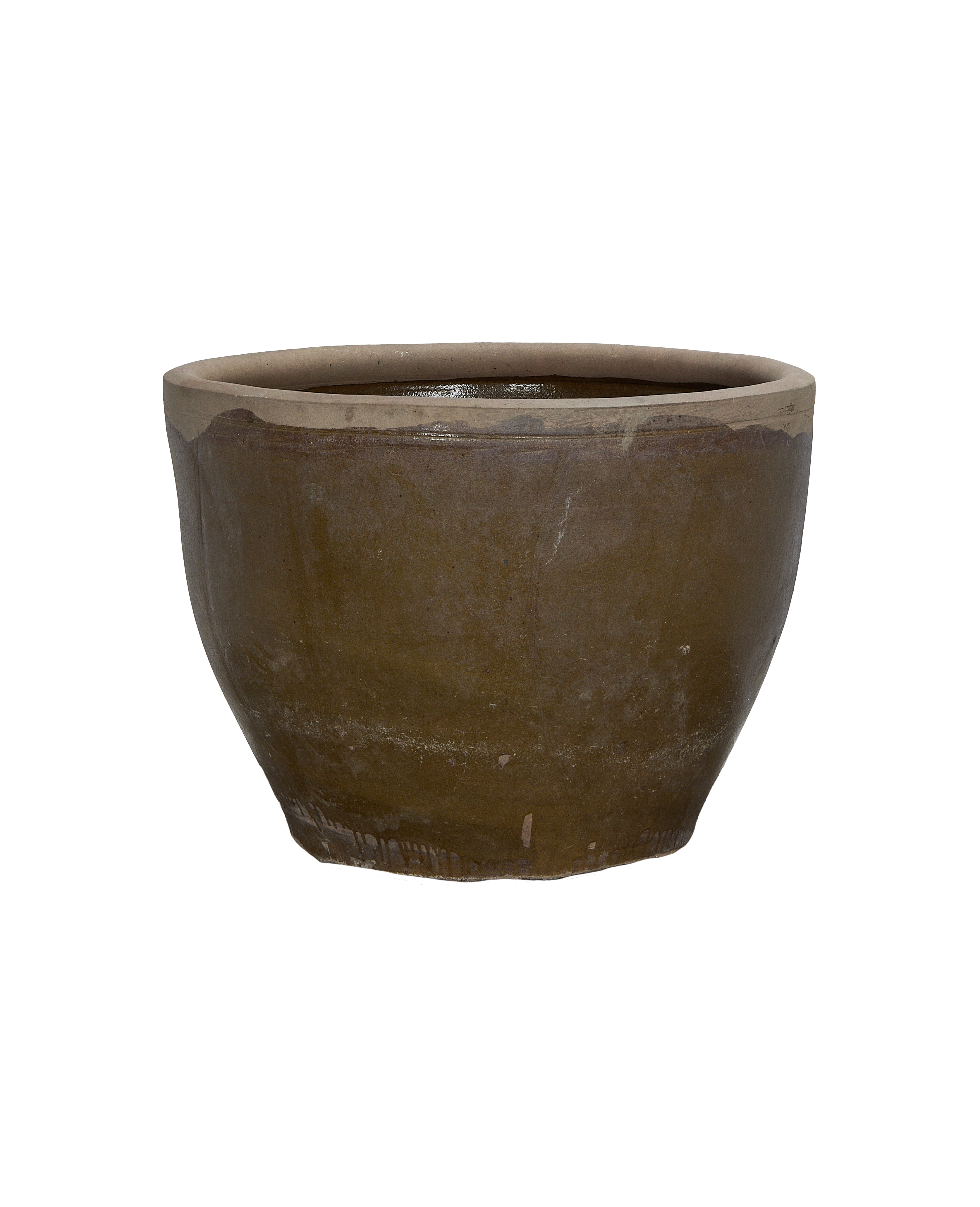 Vintage Chinese mulberry-color glazed OAK planter, distressed exterior texture, side view.
